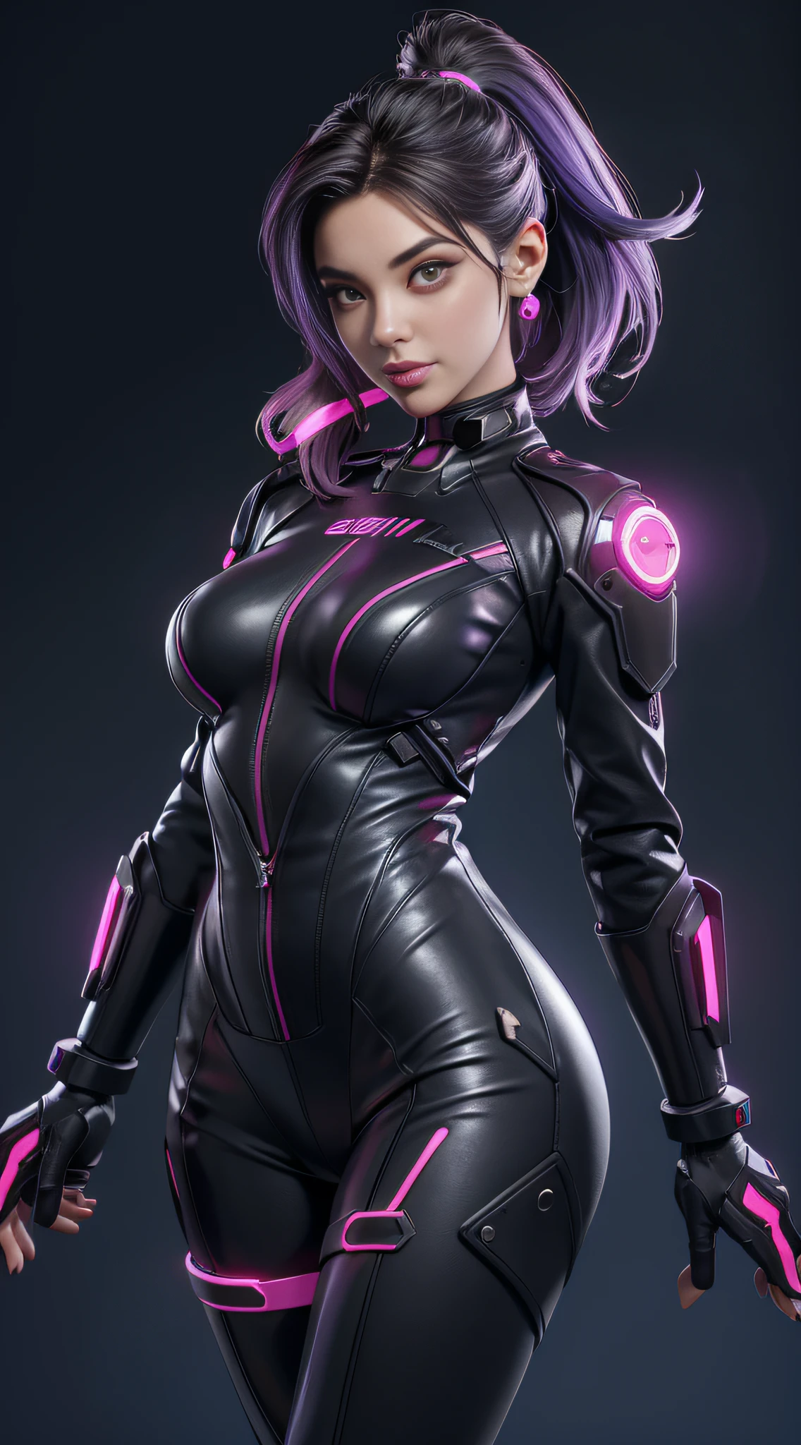sozinho, foto super fina, retrato Unreal Engine 5 8K UHD de bonita e bonito (garota: 1.3), gorgeous, cabelos curtos e grisalhos, Esquema de cores vermelho e preto Tight Cybernetic Latex Catsuit, cyberpunk motociclista meninarpunk full face mask, Brincos, cybernetic long heel, cybernetic long glove, Futuristic Design, purple neon lights details, maquiagem bonita, best quality, master part, Arte Oficial, Papel de parede 8k unificado, super detalhado, foco nítido, dynamic pose, Partes do corpo
