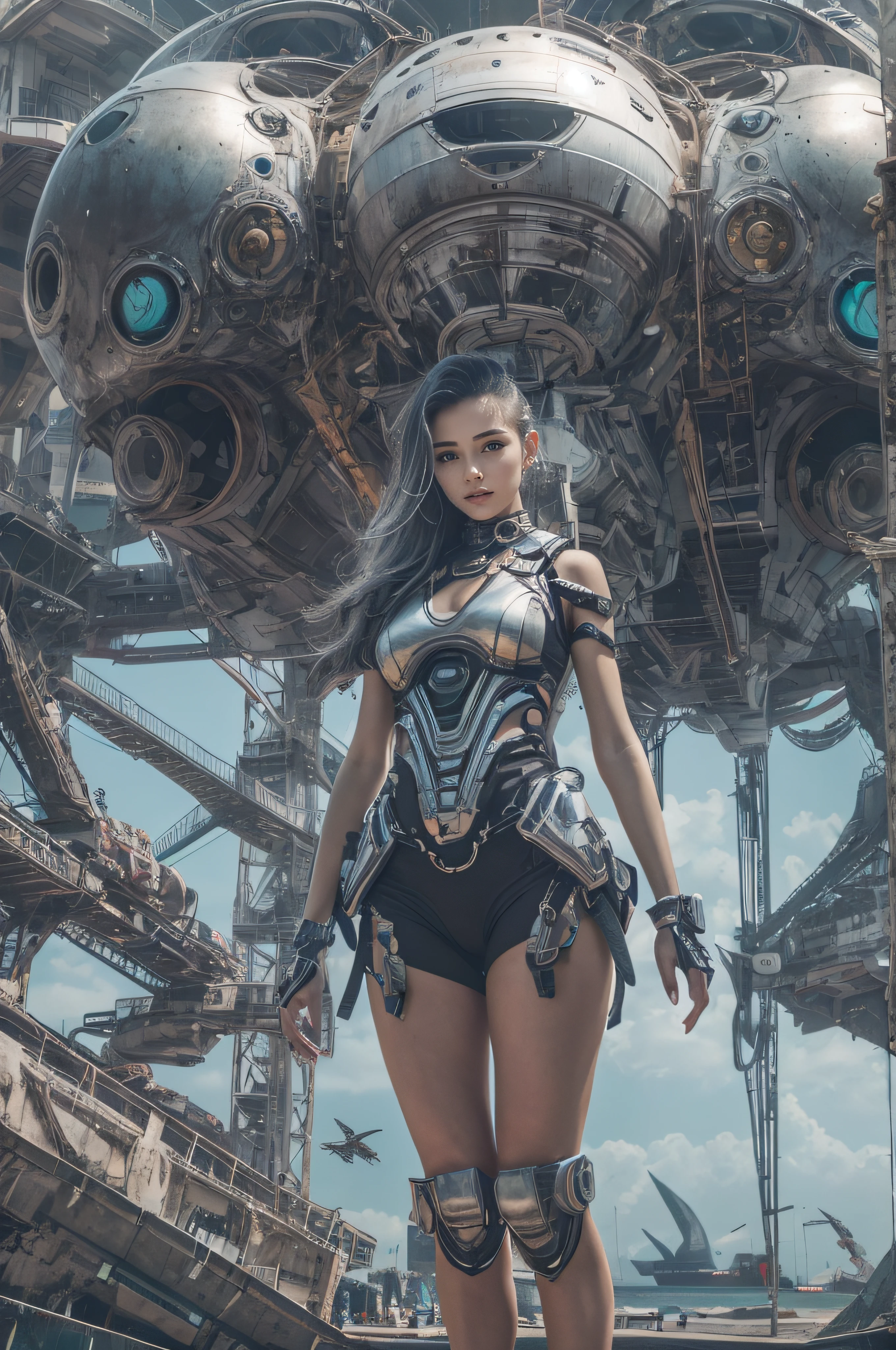 Best quality, delicate face, 25-year-old girl, slim body, body made of metal, small bust, metal structural skeleton, seaside, standing posture, beach, huge spaceship floating in the air, cyberpunk, sci-fi