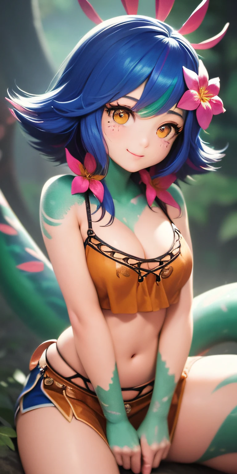 masterpiece,(best quality,top quality,8k),waterpaint,illustration,painting,detailed eyes and face,neeko , hair ornaments , hair flower , brown shorts , crop top , lizard tail , facial marks , pretty girl, beauty skin, ultra high res, raw photo , medium boobs , ultra detailed , detailed body , detailed eyes and face , (looking at viewer , softly smiling) ,((puffy eyes)), ,good contrast , high sharpness,(gorgeous),realistic,RAW Photography,(hyperdetailed:1.2)