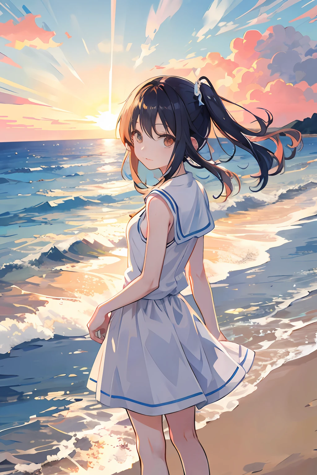 Flat anime style backlit illustration，The sun shines obliquely through the clouds，Seaside scenery at sunset，