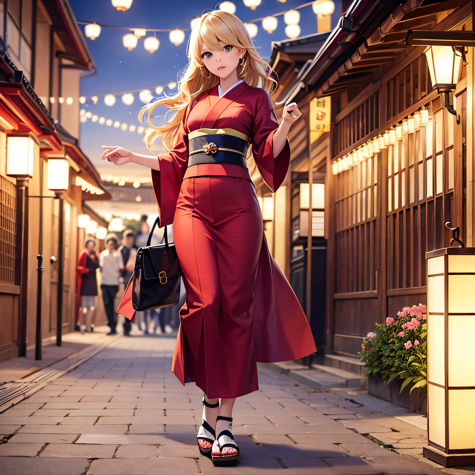 (masterpiece, best quality, beautiful anime art:1.4) japanese_village_street_scene, 1girl, full_body_shot, determined_expression, running, street_level_view, natural_sunlight, vibrant_colors, pastel_tones, traditional_japanese_buildings, lanterns, cherry_blossom_trees, cobblestone_path, wooden_signboards, lively, bustling, kimono, obi_belt, tabi_socks, wooden_geta_sandals, long_hair, wavy_hair, blonde_hair, big_eyes, sparkling_eyes, people_walking, food_stalls, paper_lanterns, cultural_heritage, scenic_beauty, traditional_fashion, japanese_aesthetics, (sharp focus:1.6), dramatic lighting, highly detailed, ultra realistic, 8k