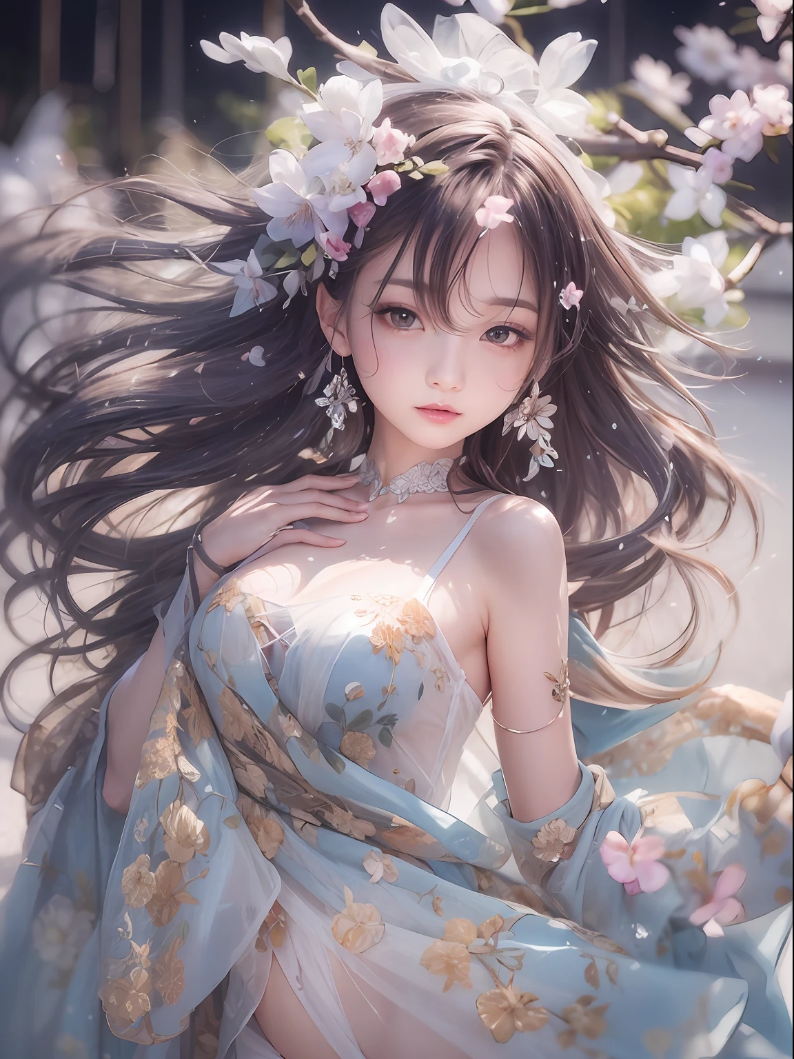 loose outfit、Show shoulders、How to wear a gown with a broken see-through halter neck、Decorated with intricate patterns and bright colors、Transparent material that makes the skin shine、Artistic depiction of seductive woman in gown with wet thin cloth and transparent skin, Floral and fantastic pattern with flowing silky traditional see-through skin。Her dress draped elegantly around her curvaceous figure、Emphasizes her charming silhouette。She's a gentle fireworks night、Dynamic Posing、Sexy Posing、bathed in the soft glow of moonlight。The scene is、With a hint of mystery and sensuality、It exudes an ethereal dreamy atmosphere。The image style is、Incorporates a blend of watercolor and digital illustration techniques.、It makes you feel delicate beauty and charm。Soft moonlit lighting、Cast gentle highlights and shadows on her mesmerizing features。Dynamic Posing、Bold poses、The hand is somewhere、see -through、show through、A sexy、Wet hair、Wet、cherry trees、flower petals、cherryblossom、The cherry tree、Sakura blizzard、buried、Transparent skin、Wet clothes、Chest Pulling、Translucent clothes、On the water、