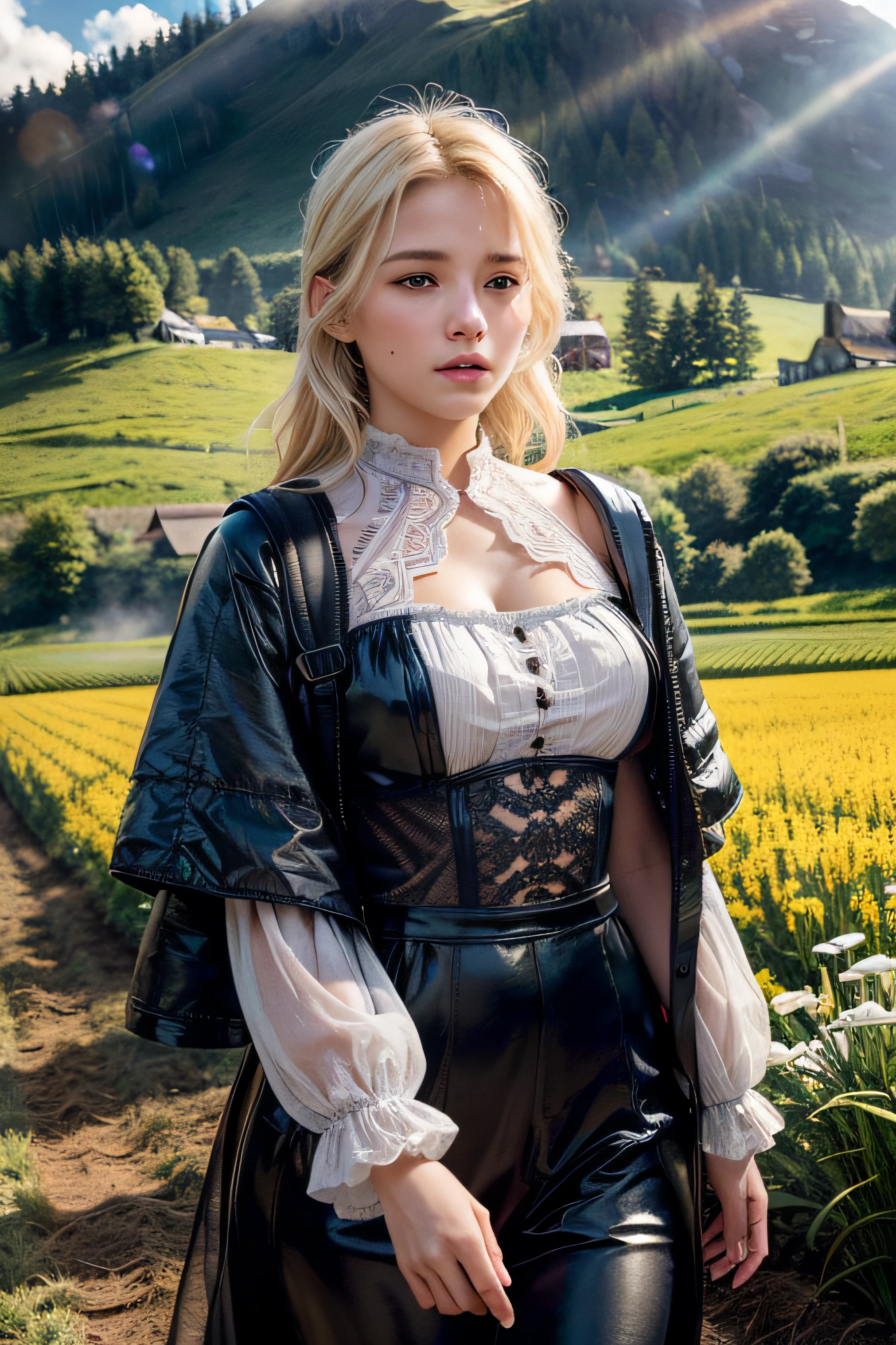 (realistic:1.3), finely detailed, quality, rembrandt lighting, (masterpiece:1.2), (photorealistic:1.2), (best quality), (detailed skin:1.3), (intricate details), dramatic, ray tracing, 1girl, american white girl, blonde hair, 21 years old, medium breasts, (Meadow, Sun, Clouds, Field, Farming, Starlight, Walking trail)