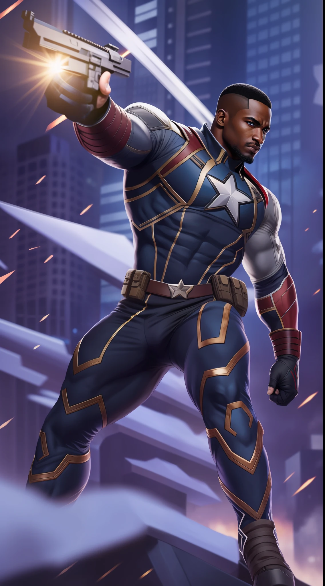 Winter Soldier Sam Wilson Falcon Fusion, Marvel ,full body,iron wings,black skin,blue eyes,beautiful face,muscular body,black costume with white star in center,Iron Arm,pistol on his hand,short hair,straight hair , US night background, Realistic, hyperdetailed, Ultra HD,8k