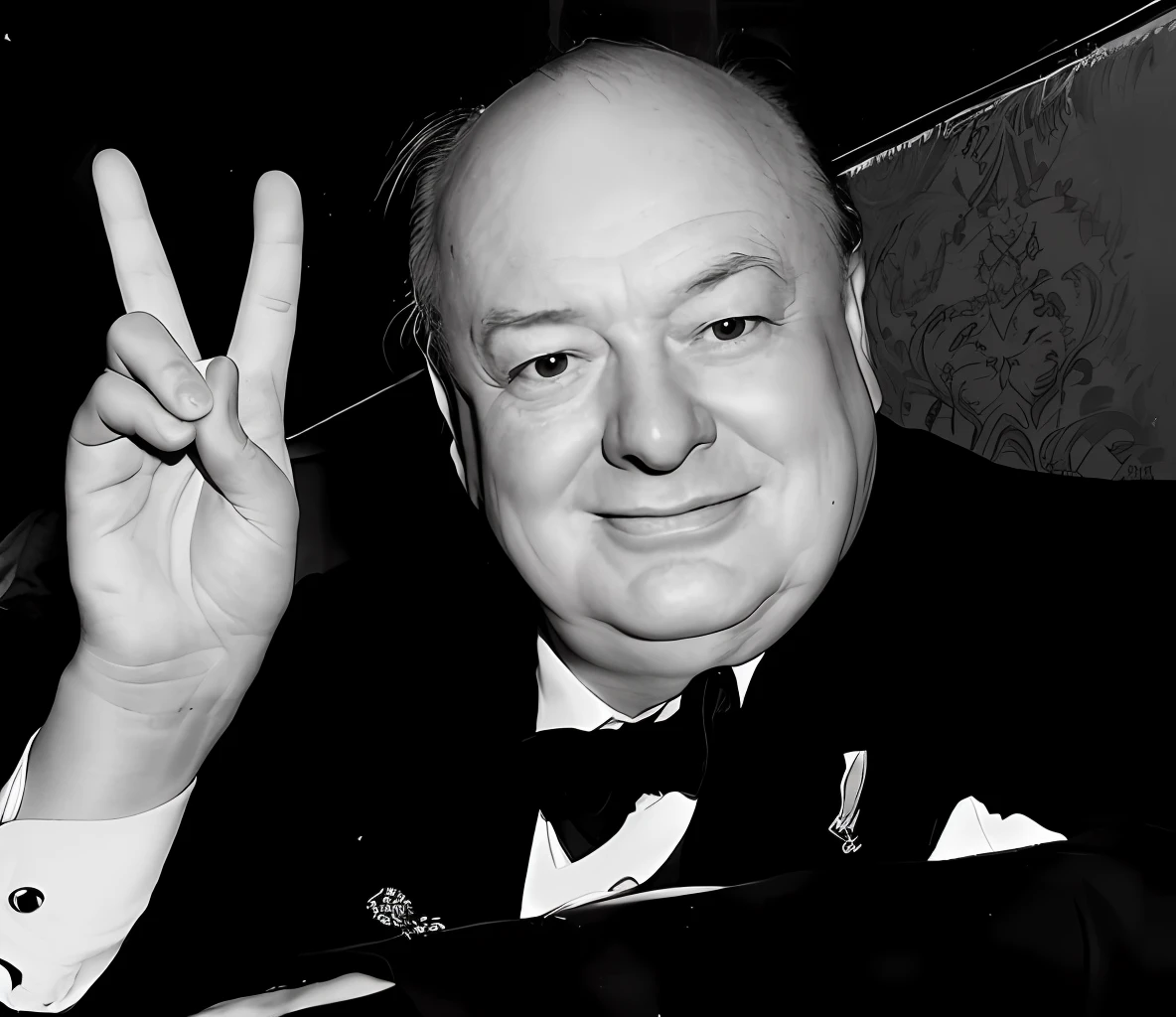 Black and white photo of a man in a tuxedo making a peace sign of Alafed, Inspired by Winston Churchill, Winston Churchill, winston, Hitchcock, Alfred hitchcock, 188216907, victorious pose, harry, Mies van der Rohe, very very happy!, smug smile, Roald Dahl, very very happy