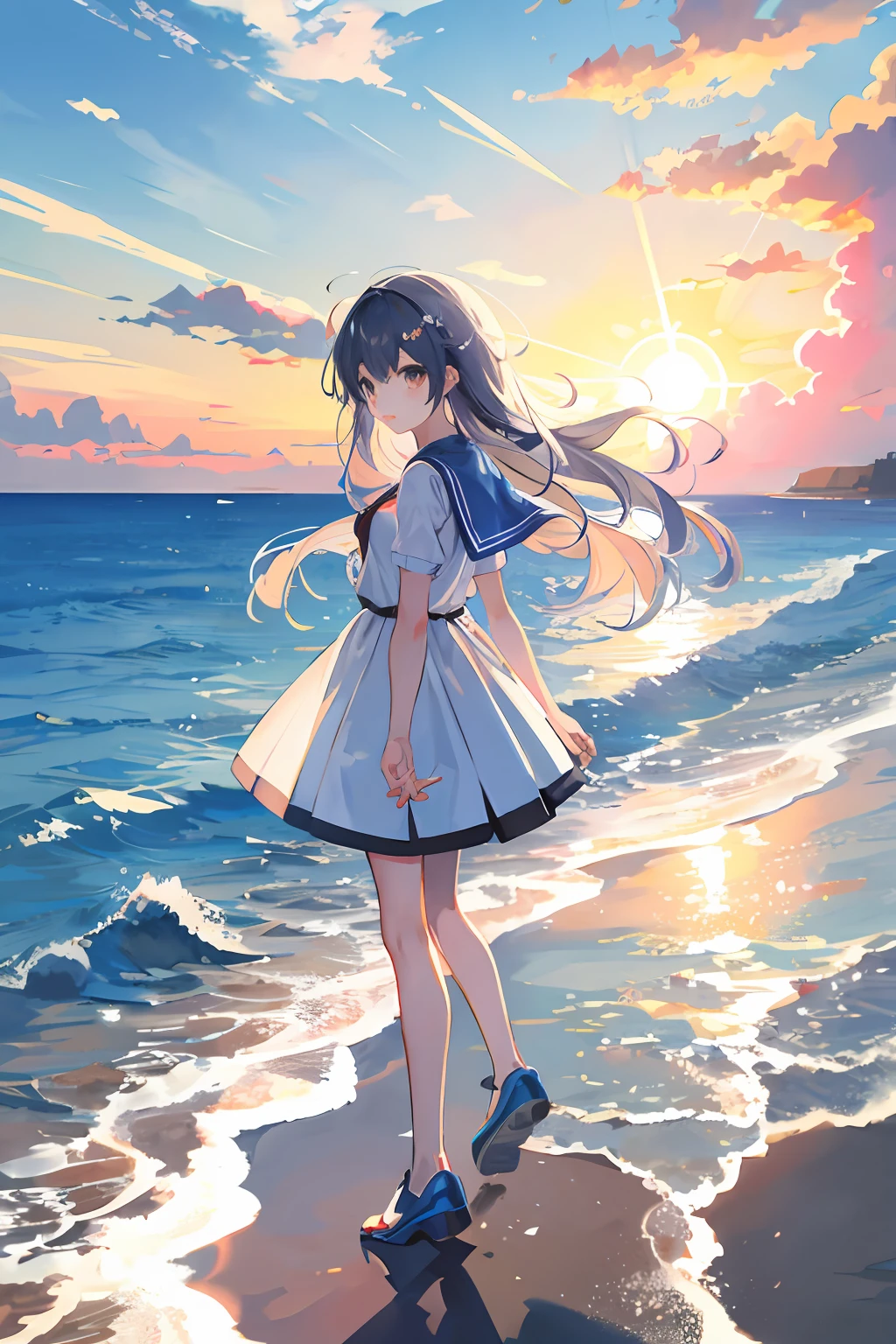 Flat anime style backlit illustration,The sun shines obliquely through the clouds,Seaside scenery at sunset。