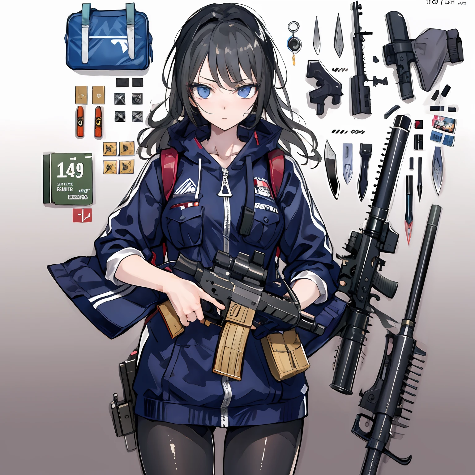 Lots of guns, Ammunition and knives,1 girl,hyohon