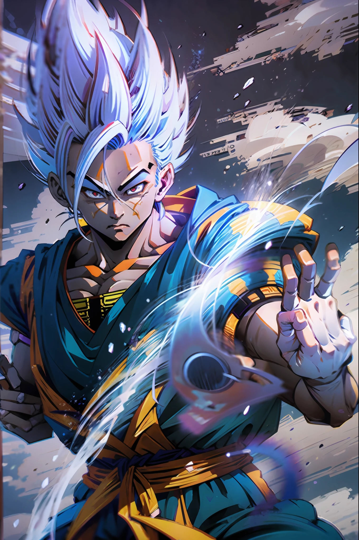 Goku and Whis Fusion, Dragon ball Z, Blue skin, Saiyan white hair, Wine and orange costume, Purple eyes, muscular, Flying, Staff in hands, Realistic background, Hyperdetailed, ultra HD, 8K