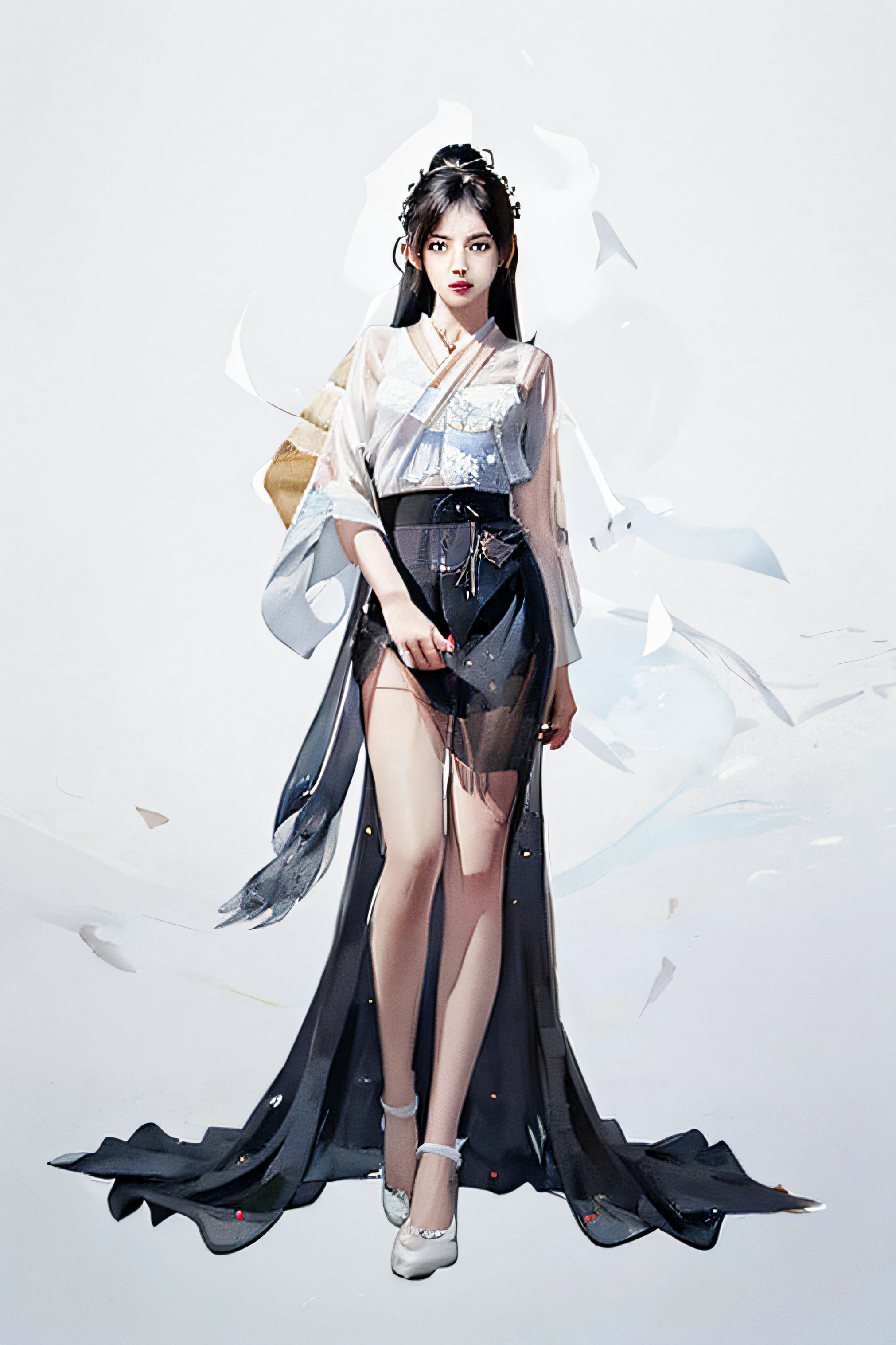 stechu,(white background:1.4), ((tachi-e)), original,(illustration:1.1),(best quality),(masterpiece:1.1),(extremely detailed CG unity 8k wallpaper:1.1), (colorful:0.9),(panorama shot:1.4),(solo:1.2), (ink splashing),(color splashing),((watercolor)), clear sharp focus,{ 1girl standing },((korean style )),flower background,outdoors,rocks, looking at viewer, make happy expressions,soft smile,pure,beautyfull detailed face and eyes,beautyfull intricacy clothing decorative pattern details, black hair,black eyes,colorwater