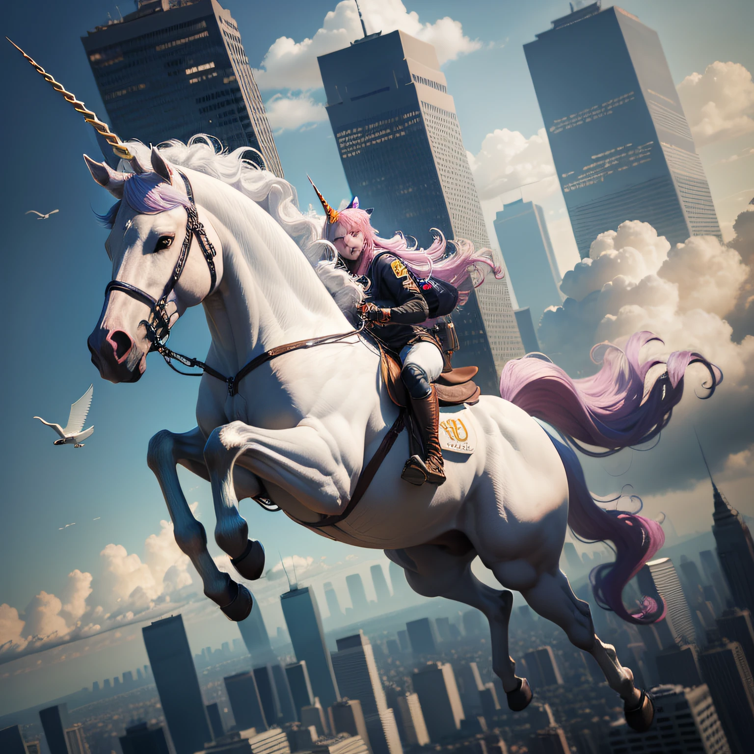 Create a realistic unicorn, com asas brancas, Flying between the twin towers, foto realismo de qualidade -- ar 16:9,