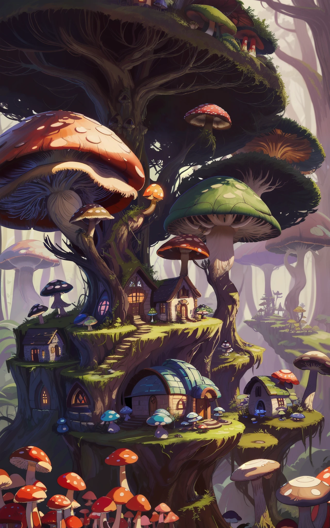 Close-up of a bunch of mushrooms in the forest, mushroom city, Mushroom forest, cyber mushroom city, mushroom house, forest made of mushrooms, mushroom trees, Stylized concept art, mushroom house, 3 d render stylized, Mushrooms are everywhere, Detailed digital 2D fantasy art, houses in the shape of mushrooms, magical fantasy 2 d concept art
