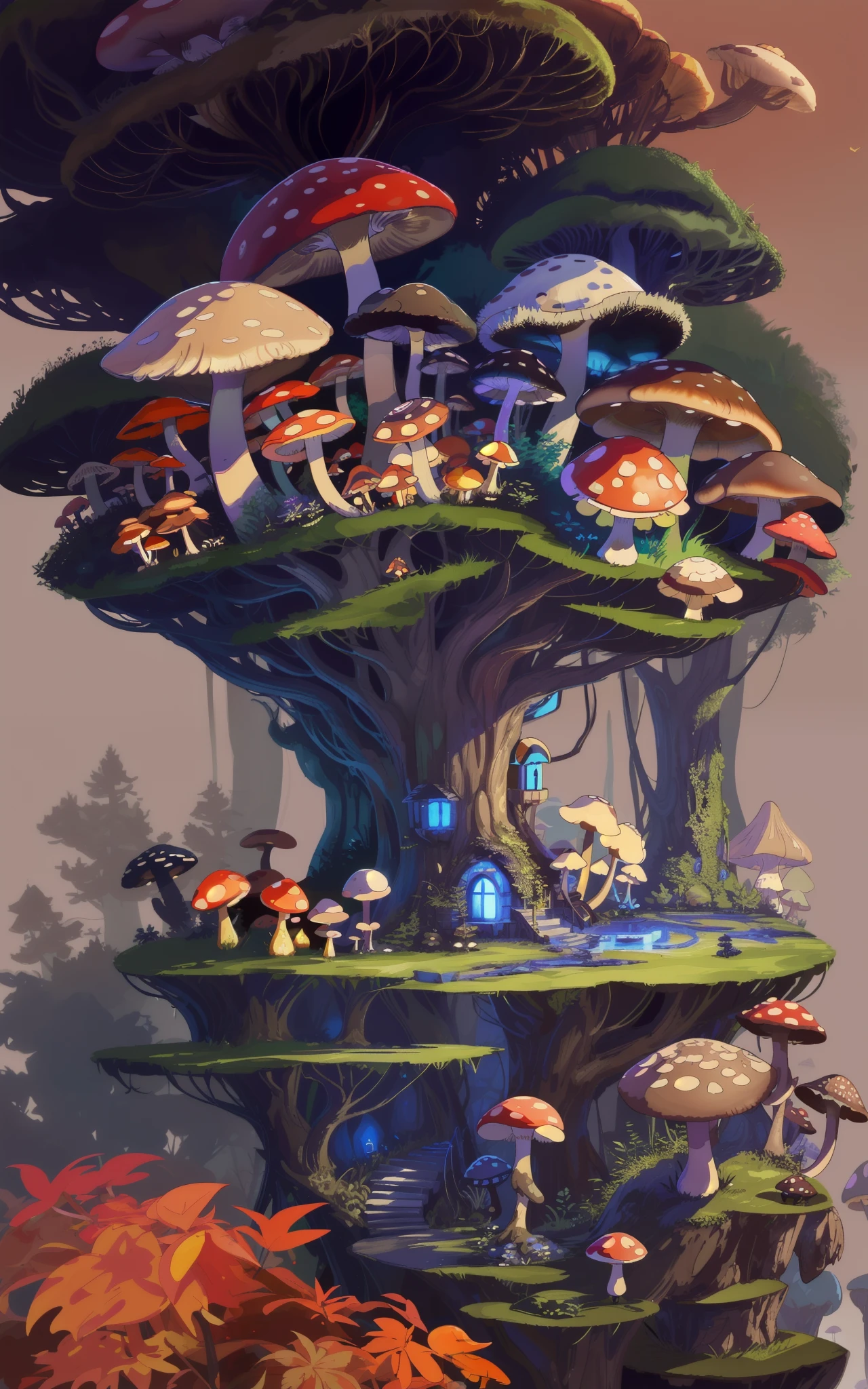 Close-up of a bunch of mushrooms in the forest, mushroom city, Mushroom forest, cyber mushroom city, mushroom house, forest made of mushrooms, mushroom trees, Stylized concept art, mushroom house, 3 d render stylized, Mushrooms are everywhere, Detailed digital 2D fantasy art, houses in the shape of mushrooms, magical fantasy 2 d concept art