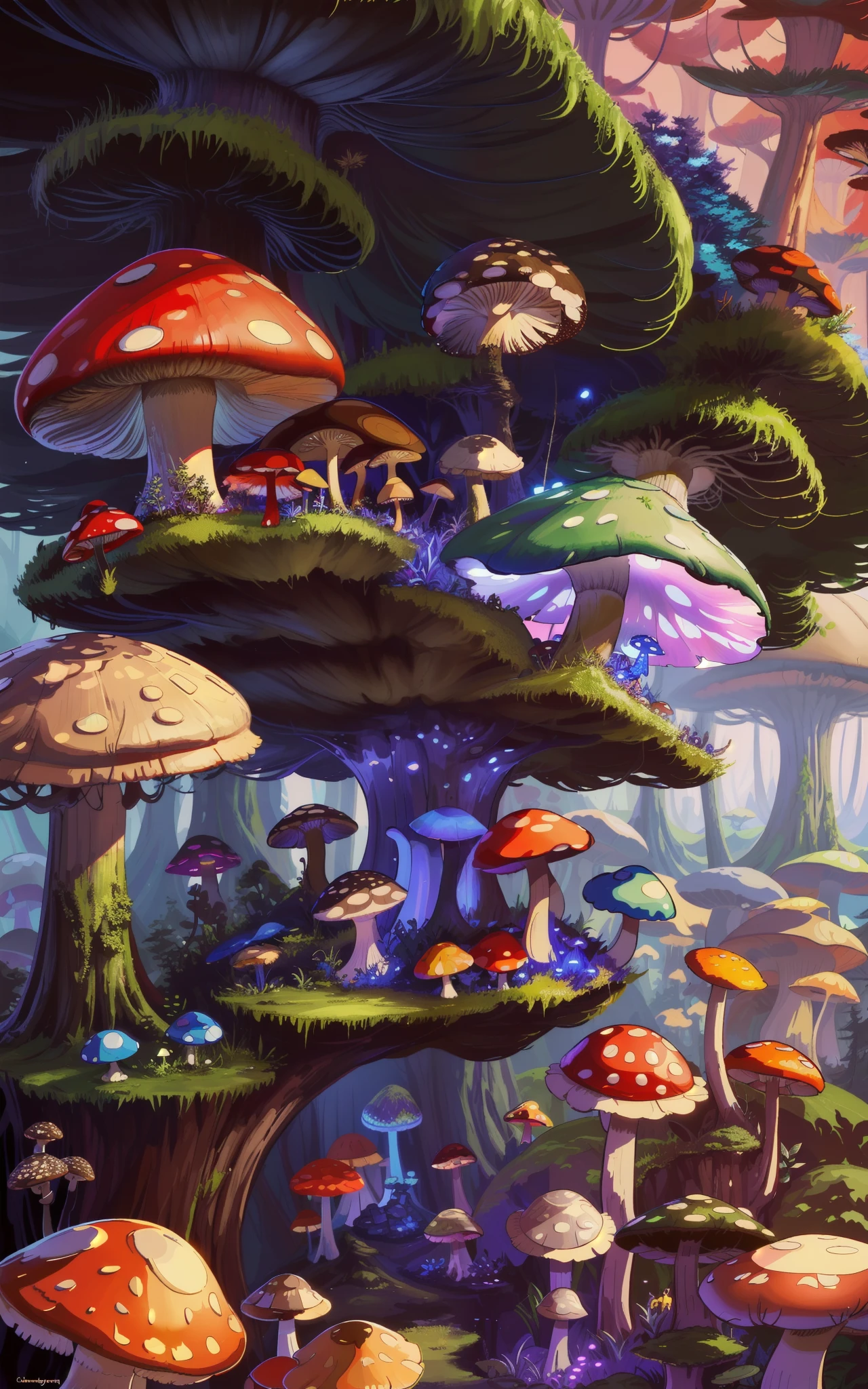 Close-up of a bunch of mushrooms in the forest, mushroom city, Mushroom forest, cyber mushroom city, mushroom house, forest made of mushrooms, mushroom trees, Stylized concept art, mushroom house, 3 d render stylized, Mushrooms are everywhere, Detailed digital 2D fantasy art, houses in the shape of mushrooms, magical fantasy 2 d concept art