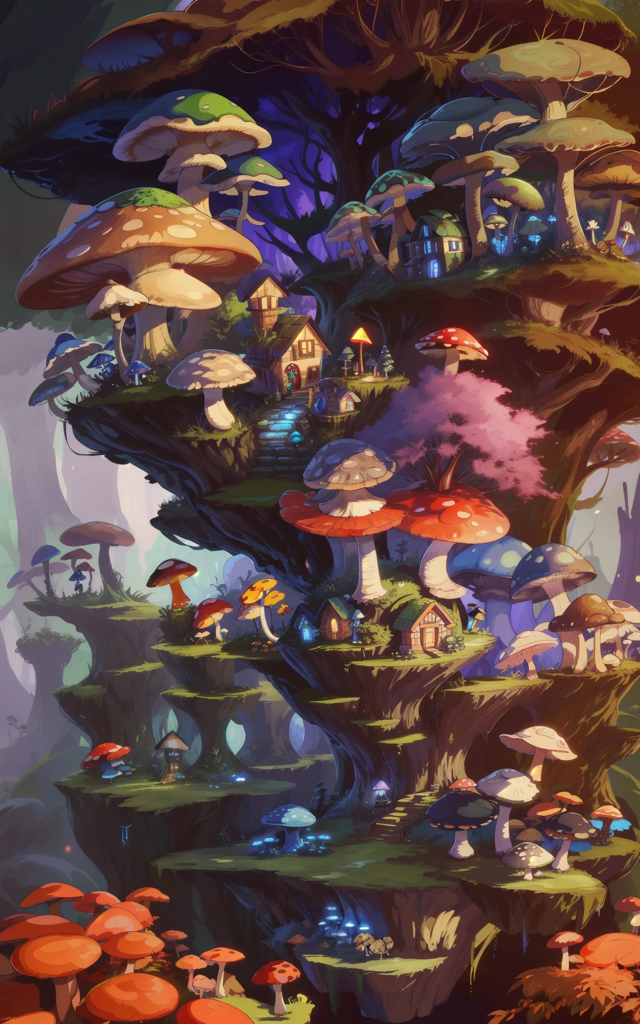 Close-up of a bunch of mushrooms in the forest, mushroom city, Mushroom forest, cyber mushroom city, mushroom house, forest made of mushrooms, mushroom trees, Stylized concept art, mushroom house, 3 d render stylized, Mushrooms are everywhere, Detailed digital 2D fantasy art, houses in the shape of mushrooms, magical fantasy 2 d concept art