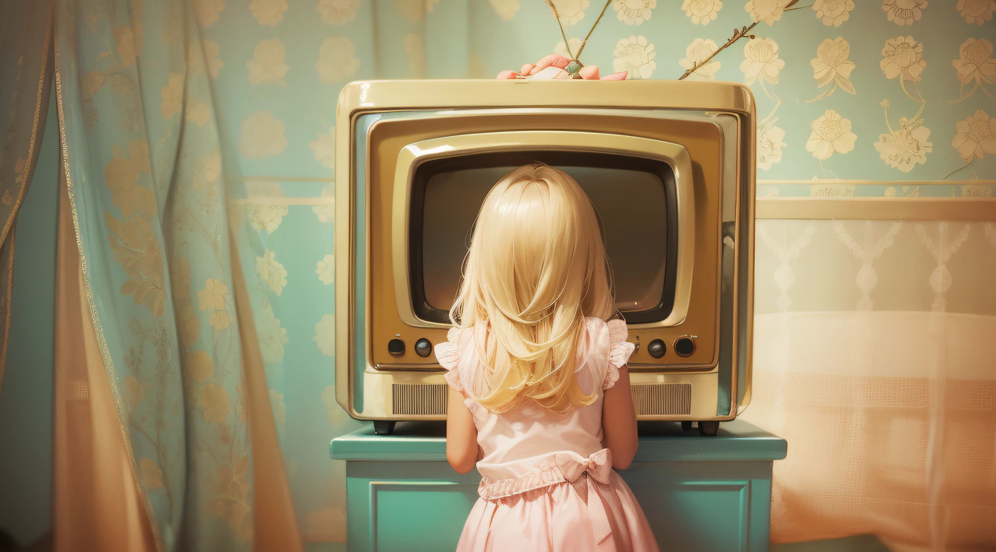 estilo russo, Girl , retrato , BLONDE LONG-haired STRANDS , Retro TV.