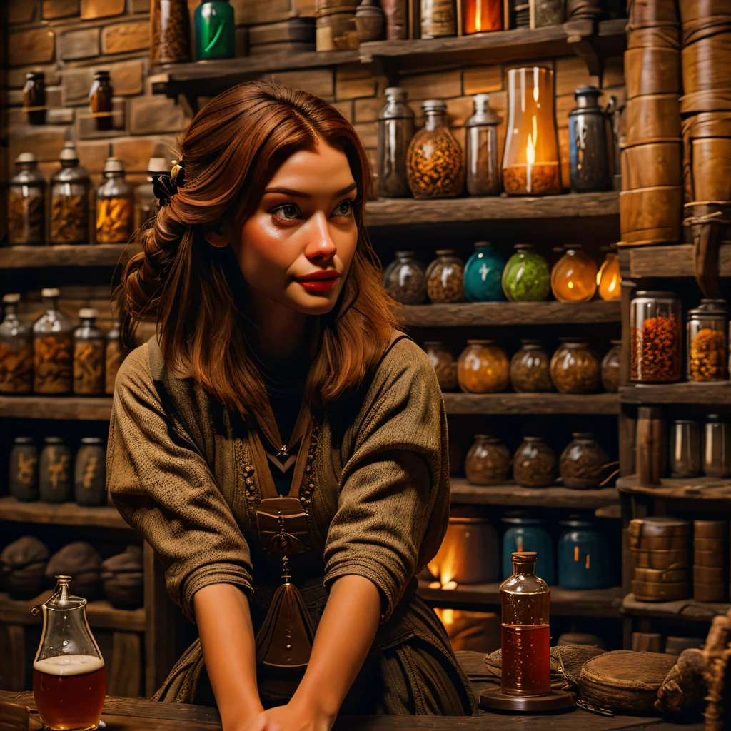 beautiful ginger women in detailed dress at cozy detailed potions shop, air above hair, IPA award wining, masterpiece