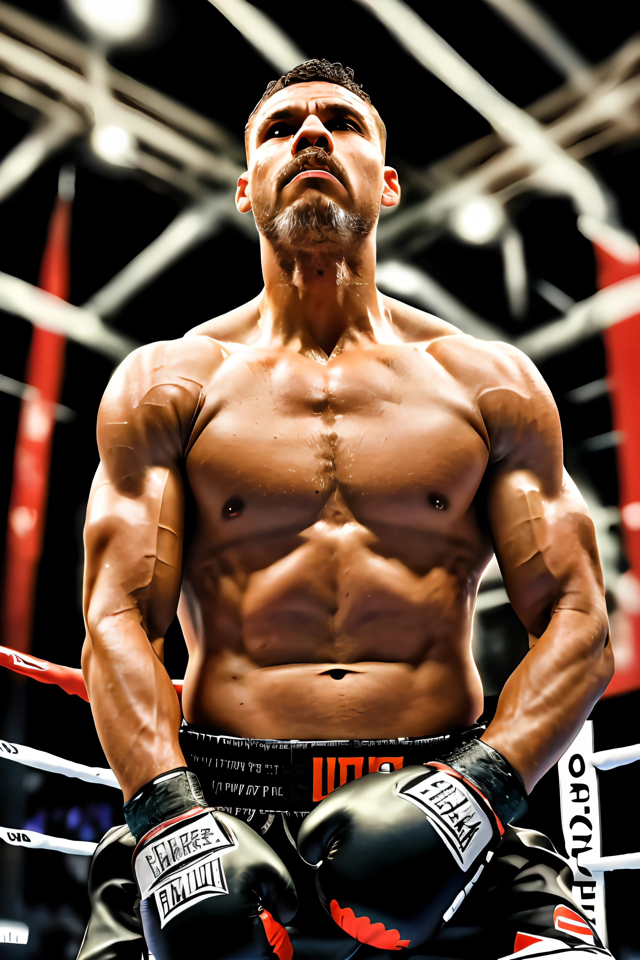 guttonervision8, Um retrato hiper-realista de um homem que encarna a vida de um boxeador profissional no ringue de boxe, with extraordinary attention to detail in your hair, pele, e olhos castanhos brilhantes. The art will show the intense action of the fight as he competes to win the coveted gold belt.

In this remarkable work, The characteristics of man will be portrayed with unparalleled precision and complexity. Seu cabelo, encharcado de suor e emaranhado contra a testa, will be rendered in a hyper-realistic way, capturando a intensidade da luta de boxe.

The quality of the illustration will be of extreme excellence, permitindo que o espectador observe cada detalhe minucioso da textura da pele do homem. O suor brilhando em seu rosto, the tension of your muscles, and the intensity in your eyes will be meticulously portrayed, enhancing the realism of the scene.

The man's captivating brown eyes exude determination and focus as he fights his opponent in the boxing ring.

He will be dressed in boxing suits, usando luvas e uma camiseta encharcada de suor, Embodying the grit and determination of a true boxer.

The boxing ring will be depicted in photorealism, com cordas, Luzes, e uma atmosfera eletrizante, mostrando a energia adrenalina da luta.

The final artwork will be an 8K UHD masterpiece, capturing the extraordinary level of hyper-realism and photorealism in the portrayal of this fierce boxer in the midst of his thrilling fight. Viewers will be captivated by the impressive level of detail and authenticity, como se estivessem testemunhando uma luta de boxe na vida real.