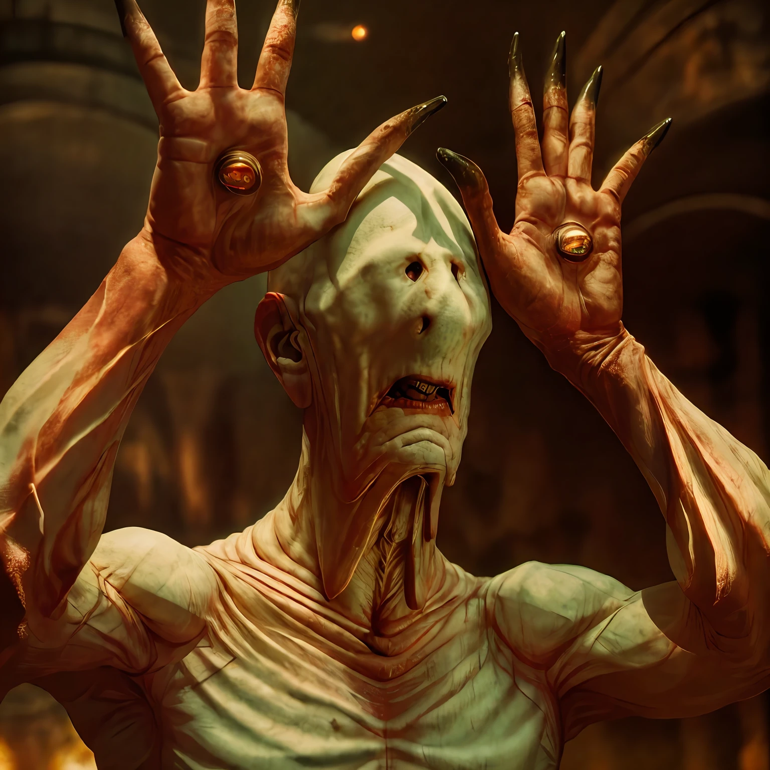 {high quality}, cinematic ray , photo realistic illustration of paleman close up,  in dark city at night,( eye hands in face:1.3) , (pupils:1.4)   epic lighting, cinematic lighting,  dark fantasy style , high res, (detailed image:1), insane details, soft,  (realistic:1),  full color, (3d:1), (highly detailed:1.2), masterpiece, 8k uhd, digital art, trending on artstation