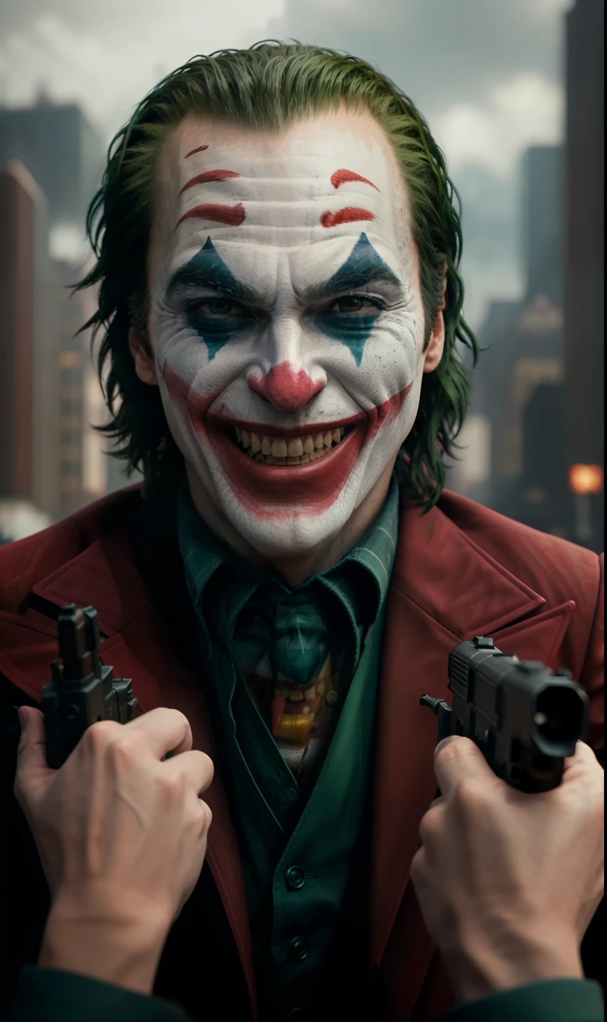 Joker (pointing a gun at his own head) crazy laughing, high detail, sharp focus, photorealistic, moody, smokey, hyperdetailed, 8k, frostbite 3 engine, cryengine, dof, trending on artstation, digital art,( front facing:1.1), city in the background, psycho, psychopath, upper body shot, super detailed hair