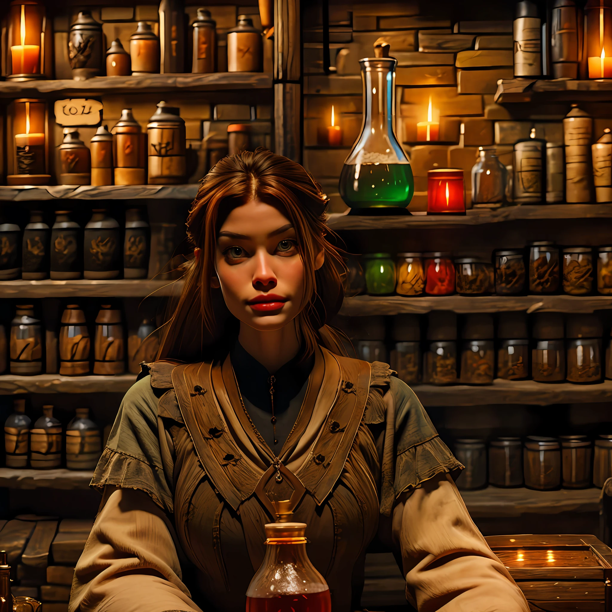 beautiful ginger women in detailed dress at cozy detailed potions shop, air above hair, IPA award wining, masterpiece