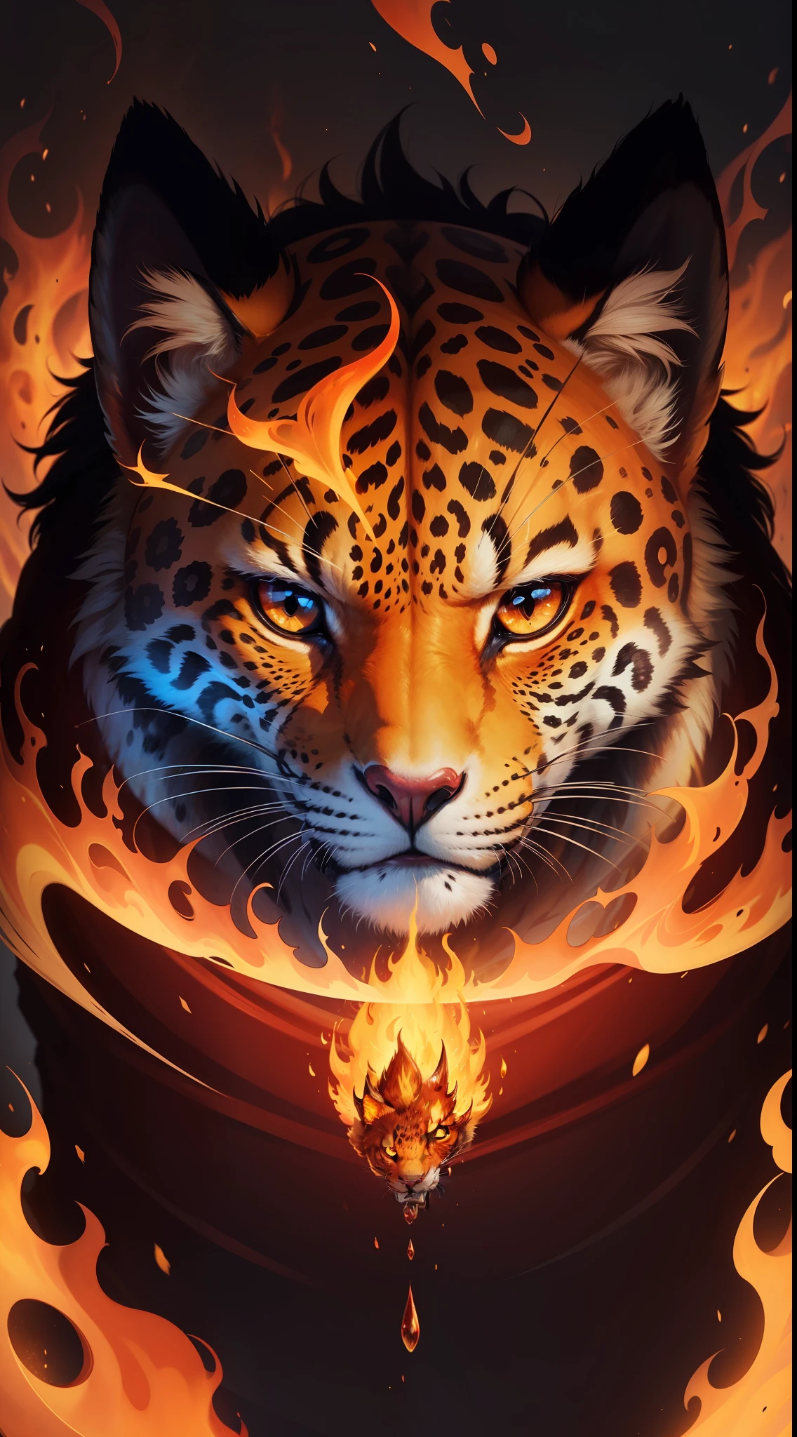 fire jaguar, centered gaze, fire flames, high quality jaguar, fire elemental animal