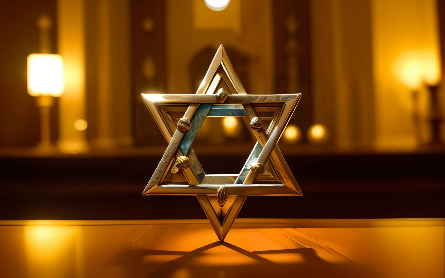 Um close up de uma estrela de Davi em uma mesa, Directed by: Daniel Lieske, Directed by: Joseph Werner, holding a holy symbol, pentacle, geometria sagrada, Directed by: Bernard Meninsky, Directed by: Julia Pishtar, Directed by: Adam Marczyński, em um fundo escuro, close up shot de um amuleto, Directed by: Julius Hatofsky, ancient symbol behind it Make hexagram in other ways