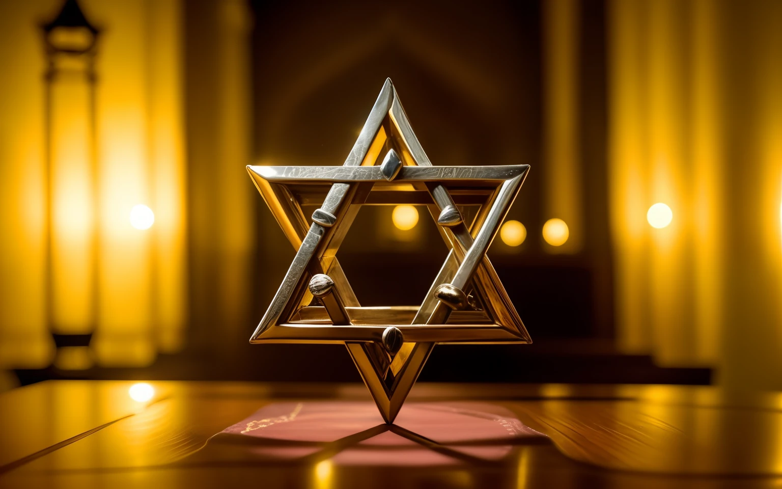 Um close up de uma estrela de Davi em uma mesa, Directed by: Daniel Lieske, Directed by: Joseph Werner, holding a holy symbol, pentacle, geometria sagrada, Directed by: Bernard Meninsky, Directed by: Julia Pishtar, Directed by: Adam Marczyński, em um fundo escuro, close up shot de um amuleto, Directed by: Julius Hatofsky, ancient symbol behind it Make hexagram in other ways