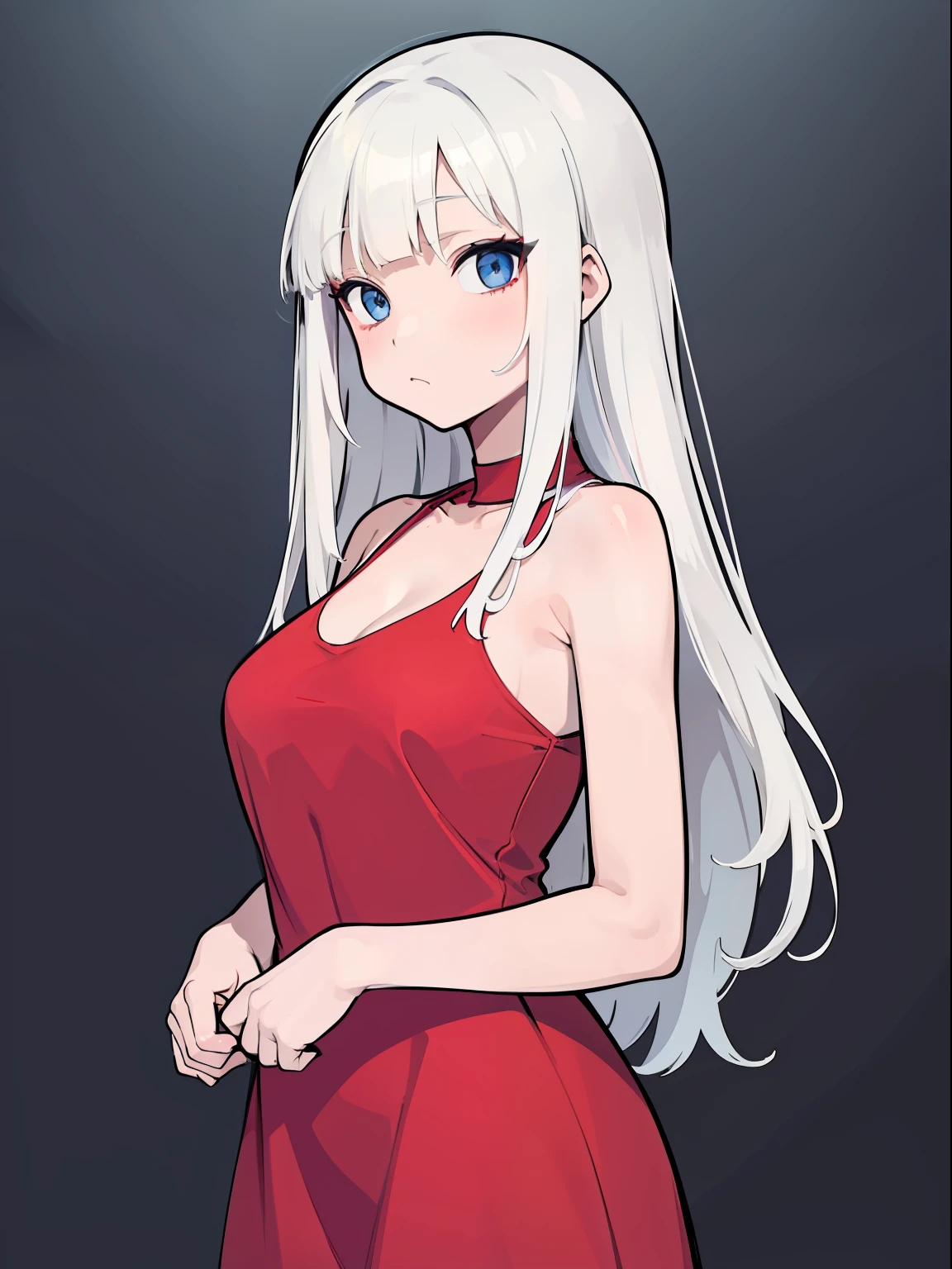 masterpiece, best quality, high quality, one woman, long hair, bangs, long red dress, well lit, portrait, looking straight ahead, white hair, half body, blue eyes