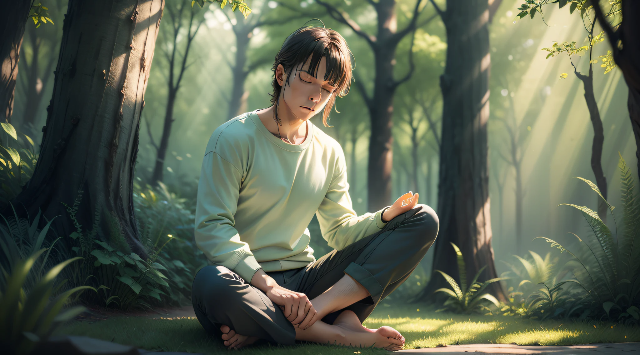 drawing, ultra realistic, 8k, extremely detailed, high quality, man meditating on green lawn, wearing light gray sweatshirt, black pants, bare feet, frontal image, natural daylight, ultra realistic image, realistic texture, in green nature surroundings, colorful, day, sun rays