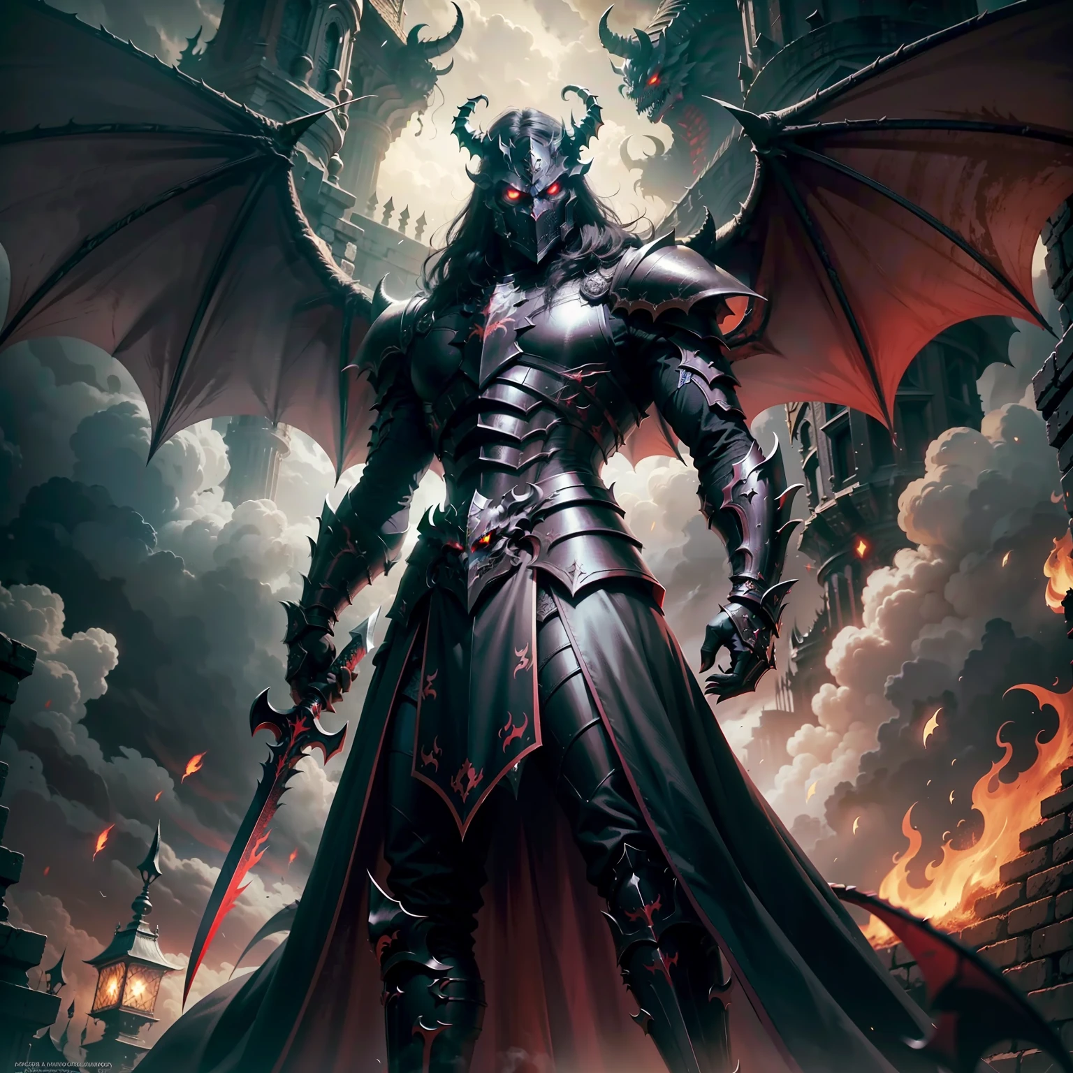 dark lord, stands at the top of the tower, red-eyes, Dragon Mask , ((Scorpio's tail)), ((demon wings)), in full height, Black Armor, evil, Black helmet, (the blade of Armageddon), High-quality horror, tmasterpiece, wallpapers