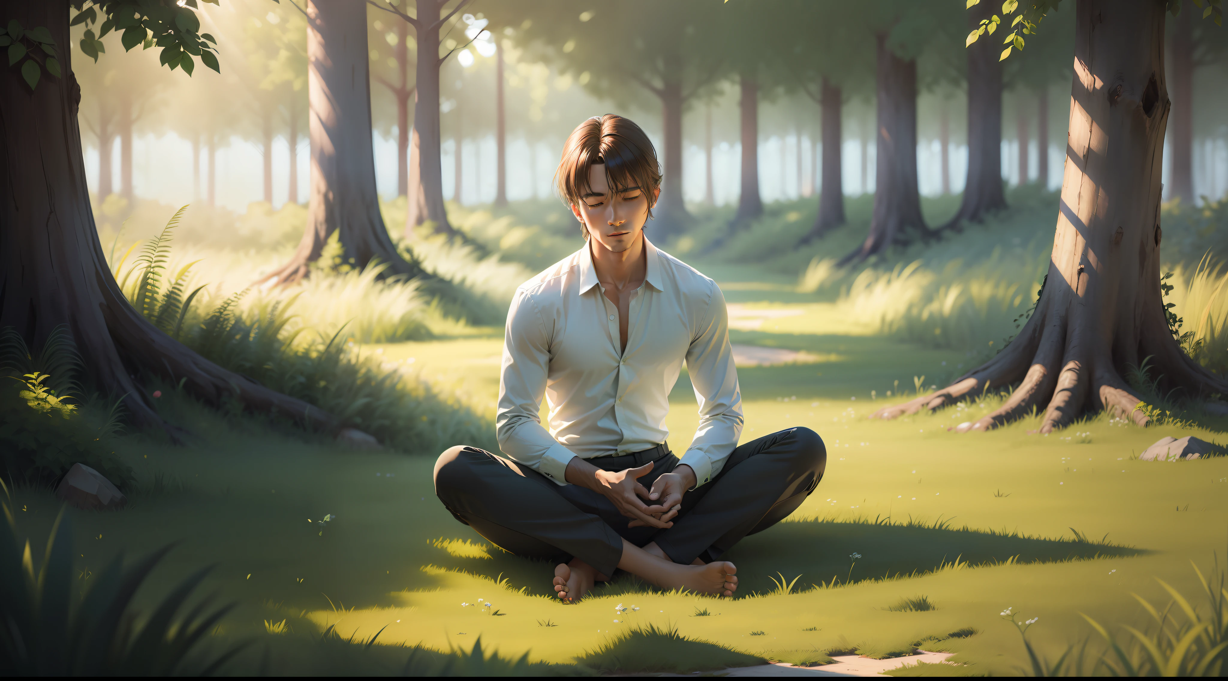 drawing, ultra realistic, 8k, extremely detailed, high quality, man sitting meditating on green lawn, wearing white shirt, black pants, ???? feet, frontal image, natural daylight, ultra realistic image, realistic texture, in green nature surroundings, colorful, day, sun rays