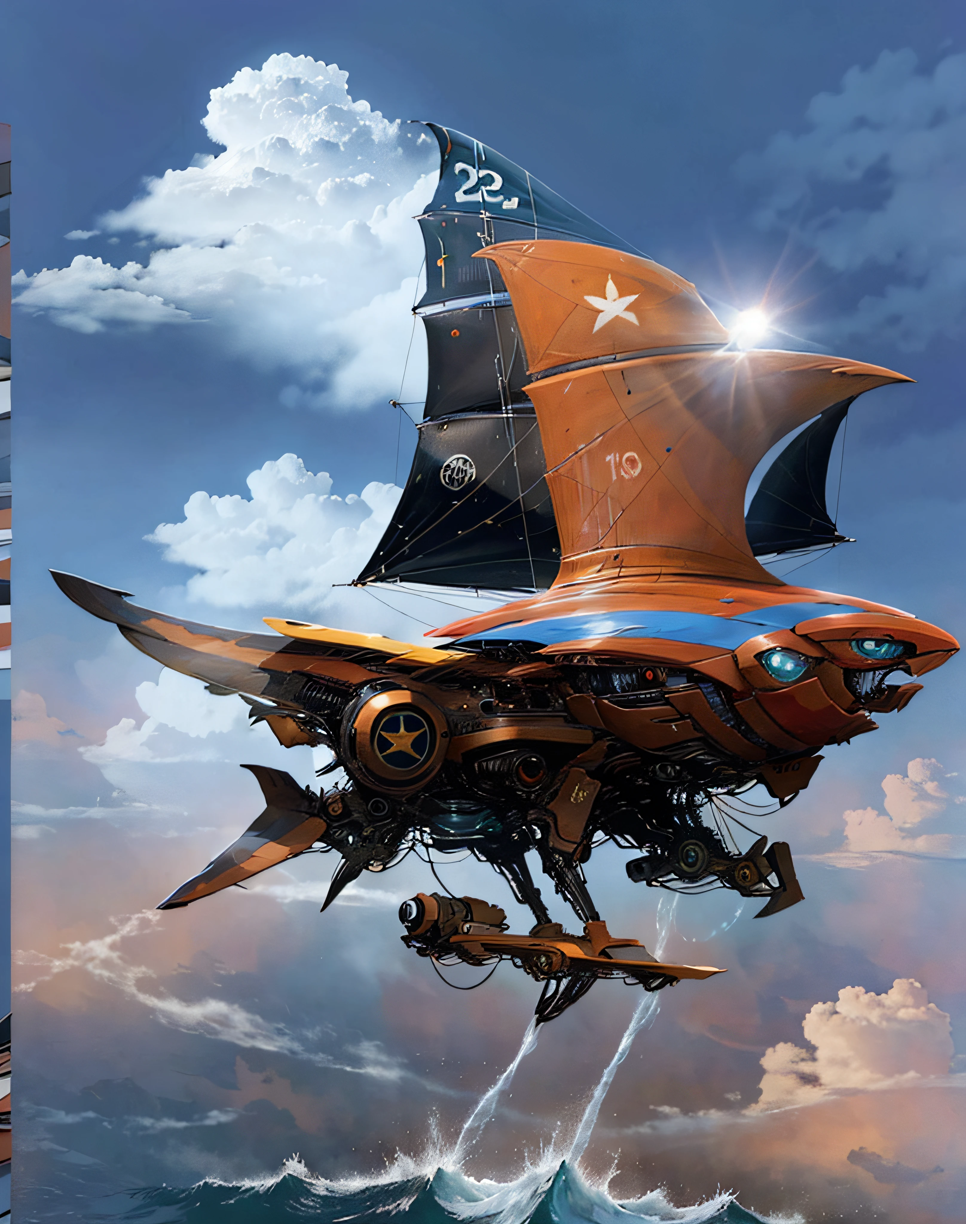 Super barco de vela pirata negro futurista volando entre las nubes rodeado de gaviotas y super tiburones nadando en un mar embravecido con enormes olas amenazantes chocando contra acantilados de islas volcanicas