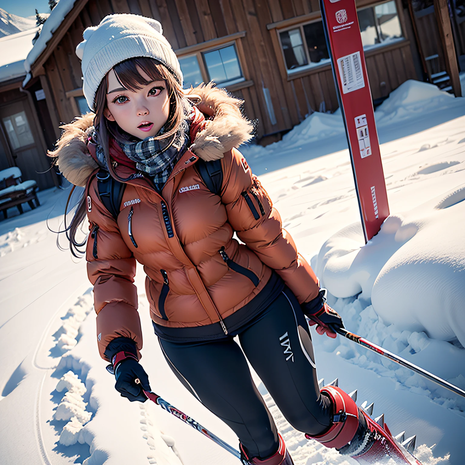 (masterpiece, best quality, beautiful anime art:1.4), anime_girl, skiing_resort, full_body_shot, uncommon_attire, legwear, uncommon_background, sports, headwear, snowy_landscape, winter_vibes, scenic_view, bustling_activity, ski_lift, snow_capped_mountains, cozy_alpine_chalets, vibrant_slopes, winter_sun, snowflake_embellishments, stylish_outfit, vintage_meets_modern, whimsical_details, energetic_crowd, snowy_adventures, outdoor_recreation, dynamic_pose, elegant_movement, winter_sports_enthusiasts, action-packed_scene, thrilling_experiences, snow_fun, fashionable_choice, natural light, (sharp focus:1.6), highly detailed, ultra realistic, 8k