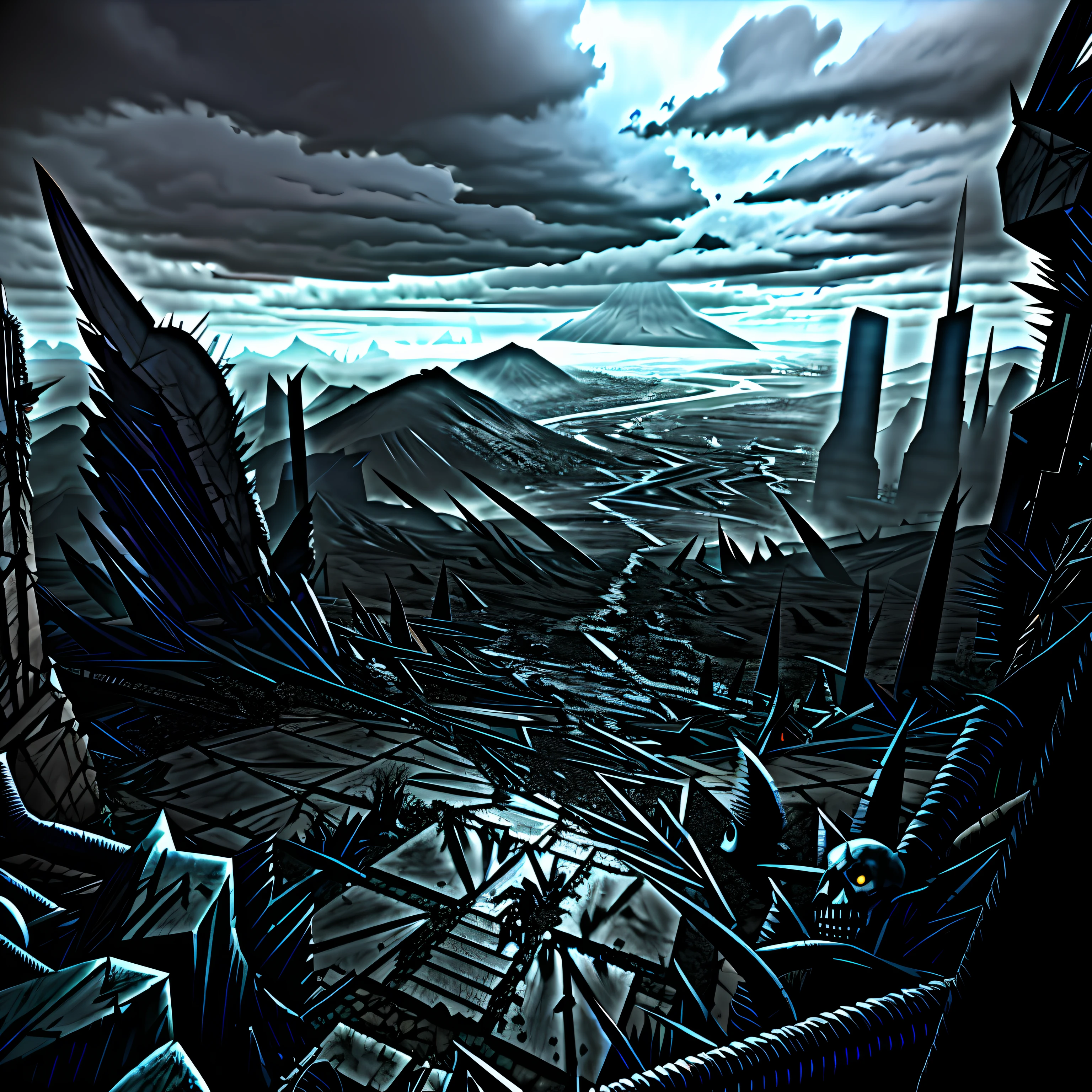 Madness evil landscape. Looking from the top of the peak, the rising of brutal Apocalypse, evil creatures reborn from the macabre cemetery, unreal engine, UHD sketch color drawing