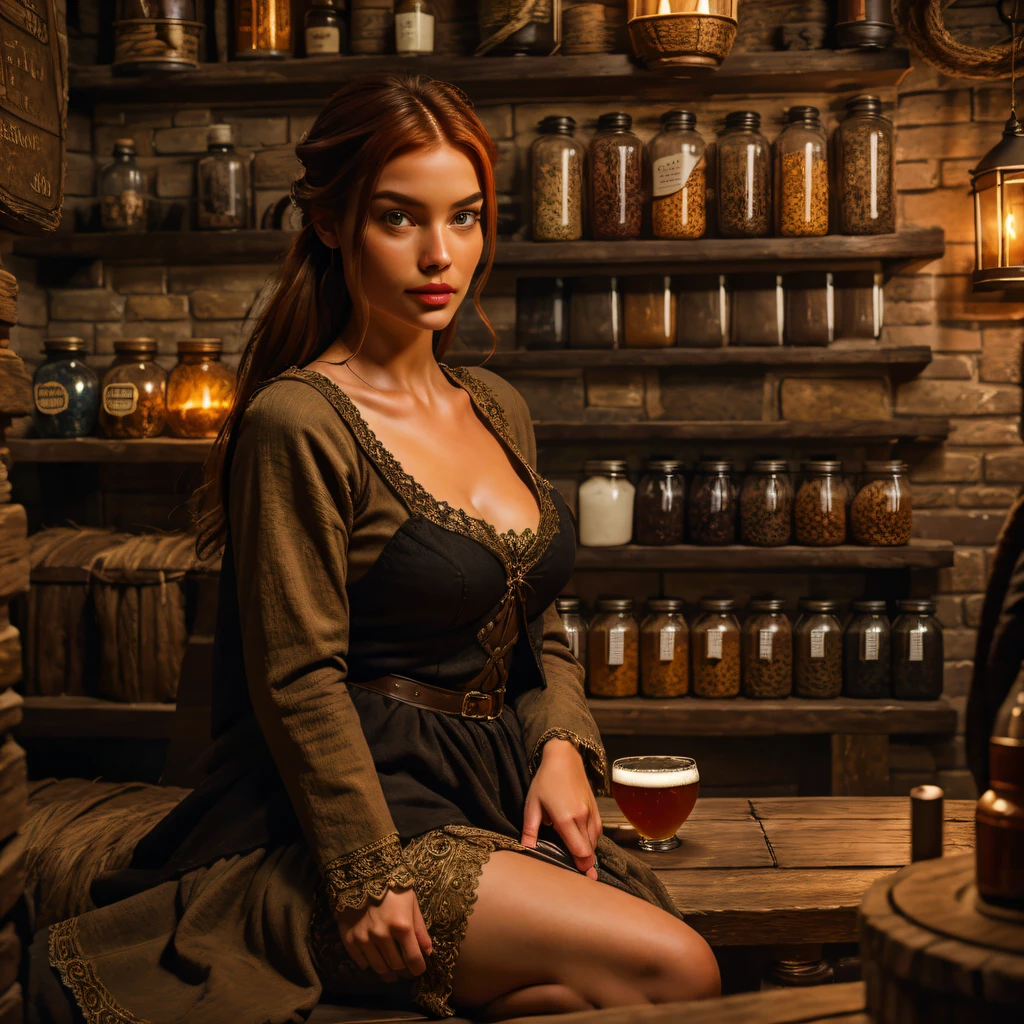 beautiful ginger women in detailed dress at cozy detailed potions shop, air above hair, IPA award wining, masterpiece