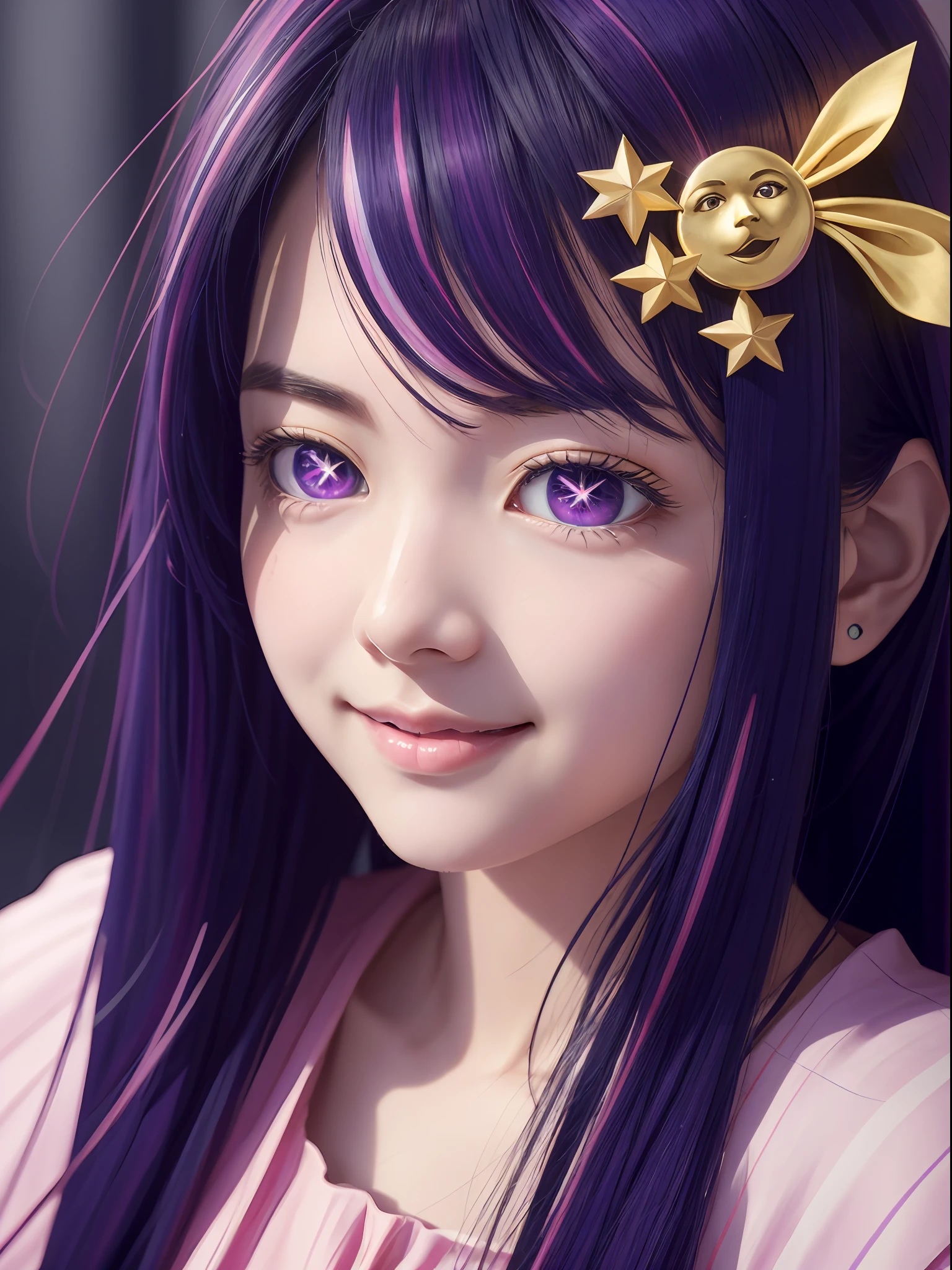 hoshino Ai, europe youth, long hair, purple hair, streaked hair ,purple eyes, star-shaped pupils, (hair ornament:1.2),  star-shaped pupils, pink dress, Live performance venue, (1 girl), (masterpiece, best quality:1.4), (modern days), 1girl, solo, pov, sfw, stunning girlfriend, (standing:1.1), dynamic pose, heart shaped face, elegant face, beautiful face, highly detailed face, highly detailed skin, skin pores, subsurface scattering, medium breast, loving smile, looking at viewer, full face blush, full lips, detailed background, depth of field, atmospheric perspective, volumetric lighting, sharp focus, absurdres, realistic proportions, good anatomy, (realistic, hyperrealistic:1.4), 16k hdr,