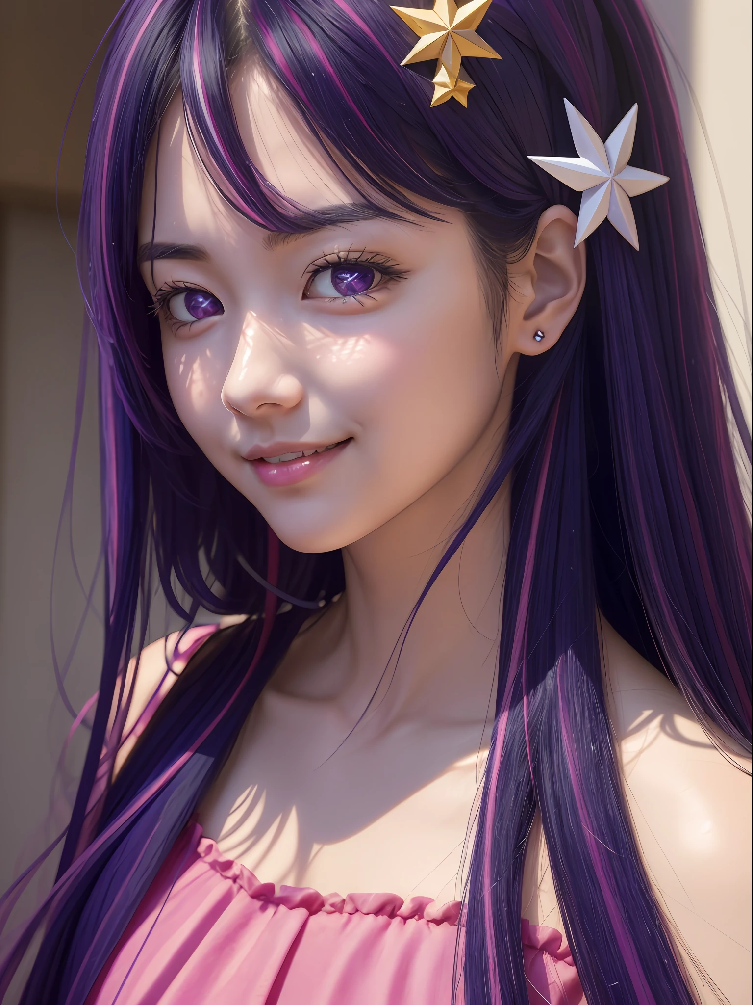 hoshino Ai, europe youth, long hair, purple hair, streaked hair ,purple eyes, star-shaped pupils, (hair ornament:1.2),  star-shaped pupils, pink dress, Live performance venue, (1 girl), (masterpiece, best quality:1.4), (modern days), 1girl, solo, pov, sfw, stunning girlfriend, (standing:1.1), dynamic pose, heart shaped face, elegant face, beautiful face, highly detailed face, highly detailed skin, skin pores, subsurface scattering, medium breast, loving smile, looking at viewer, full face blush, full lips, detailed background, depth of field, atmospheric perspective, volumetric lighting, sharp focus, absurdres, realistic proportions, good anatomy, (realistic, hyperrealistic:1.4), 16k hdr,