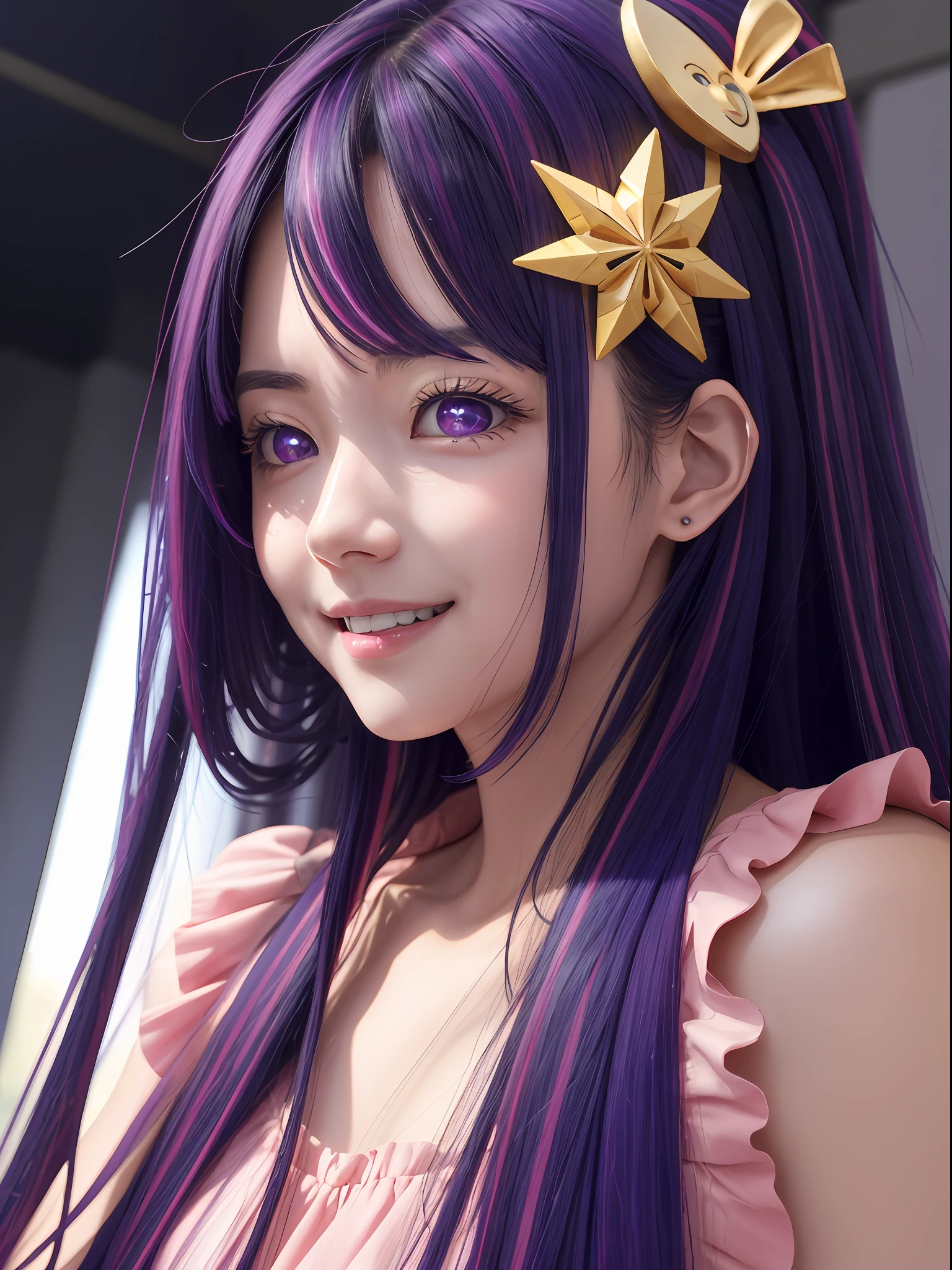 hoshino Ai, europe youth, long hair, purple hair, streaked hair ,purple eyes, star-shaped pupils, (hair ornament:1.2),  star-shaped pupils, pink dress, Live performance venue, (1 girl), (masterpiece, best quality:1.4), (modern days), 1girl, solo, pov, sfw, stunning girlfriend, (standing:1.1), dynamic pose, heart shaped face, elegant face, beautiful face, highly detailed face, highly detailed skin, skin pores, subsurface scattering, medium breast, loving smile, looking at viewer, full face blush, full lips, detailed background, depth of field, atmospheric perspective, volumetric lighting, sharp focus, absurdres, realistic proportions, good anatomy, (realistic, hyperrealistic:1.4), 16k hdr,