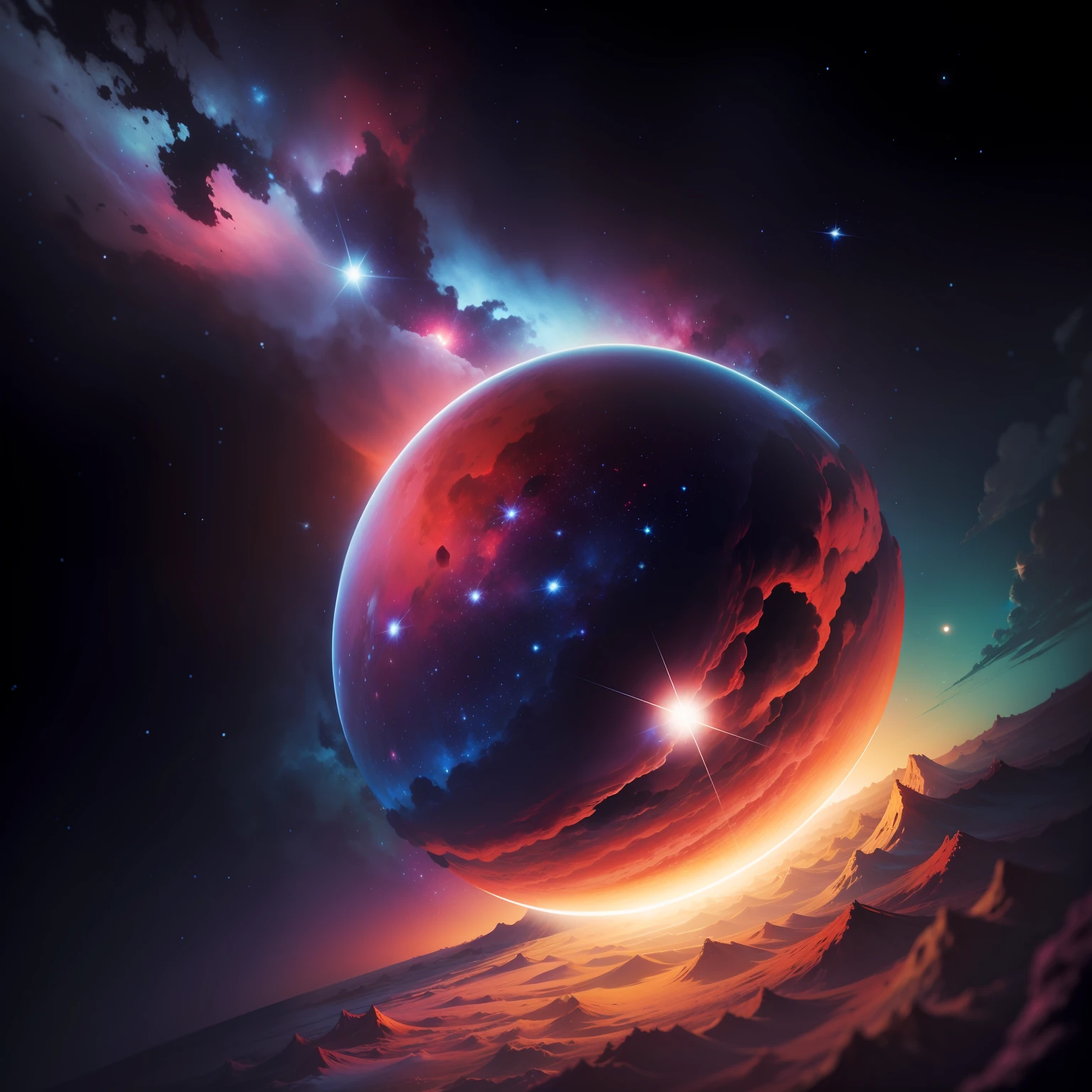 caranguejo vermelho segurando uma estrela vermelha no meio de uma nebulosa violeta amarela azul escuro