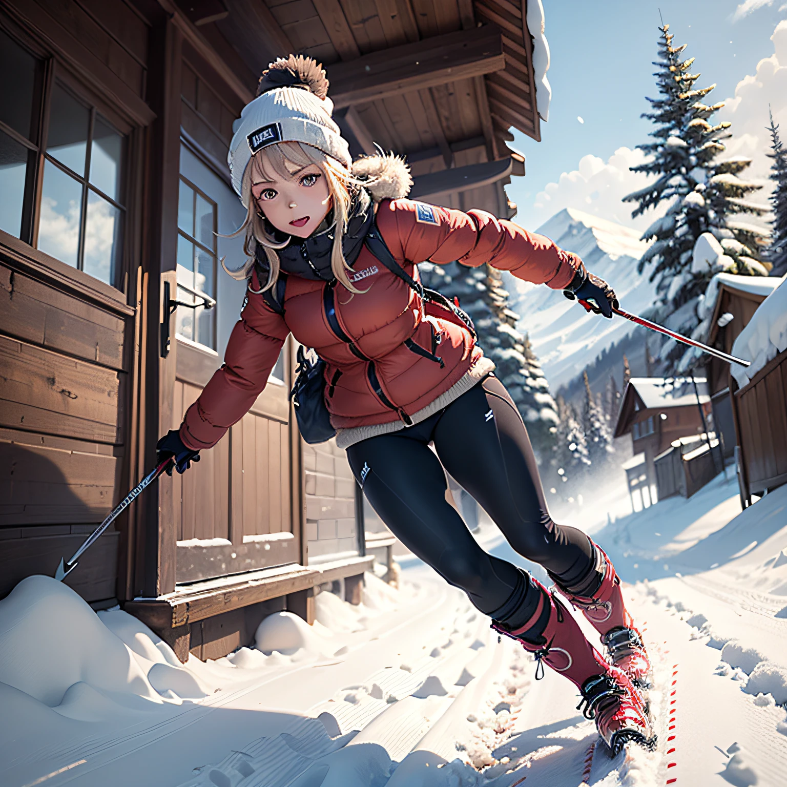 (masterpiece, best quality, beautiful anime art:1.4), anime_girl, skiing_resort, full_body_shot, uncommon_attire, legwear, uncommon_background, sports, headwear, snowy_landscape, winter_vibes, scenic_view, bustling_activity, ski_lift, snow_capped_mountains, cozy_alpine_chalets, vibrant_slopes, winter_sun, snowflake_embellishments, stylish_outfit, vintage_meets_modern, whimsical_details, energetic_crowd, snowy_adventures, outdoor_recreation, dynamic_pose, elegant_movement, winter_sports_enthusiasts, action-packed_scene, thrilling_experiences, snow_fun, fashionable_choice, natural light, (sharp focus:1.6), highly detailed, ultra realistic, 8k