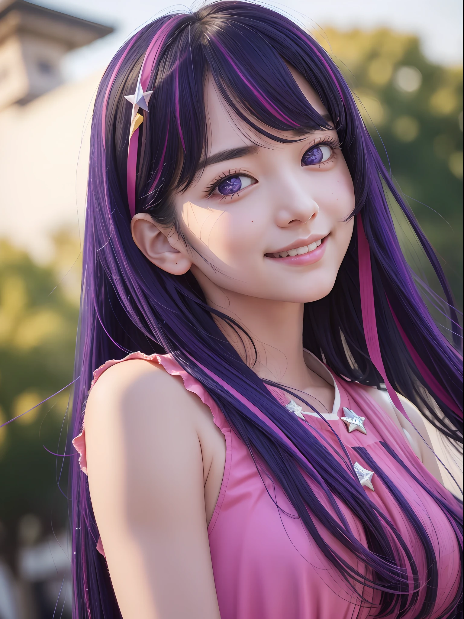 hoshino Ai, europe youth, long hair, purple hair, streaked hair ,purple eyes, star-shaped pupils, (hair ornament:1.2),  star-shaped pupils, pink dress, Live performance venue, (1 girl), (masterpiece, best quality:1.4), (modern days), 1girl, solo, pov, sfw, stunning girlfriend, (standing:1.1), dynamic pose, heart shaped face, elegant face, beautiful face, highly detailed face, highly detailed skin, skin pores, subsurface scattering, medium breast, loving smile, looking at viewer, full face blush, full lips, detailed background, depth of field, atmospheric perspective, volumetric lighting, sharp focus, absurdres, realistic proportions, good anatomy, (realistic, hyperrealistic:1.4), 16k hdr,