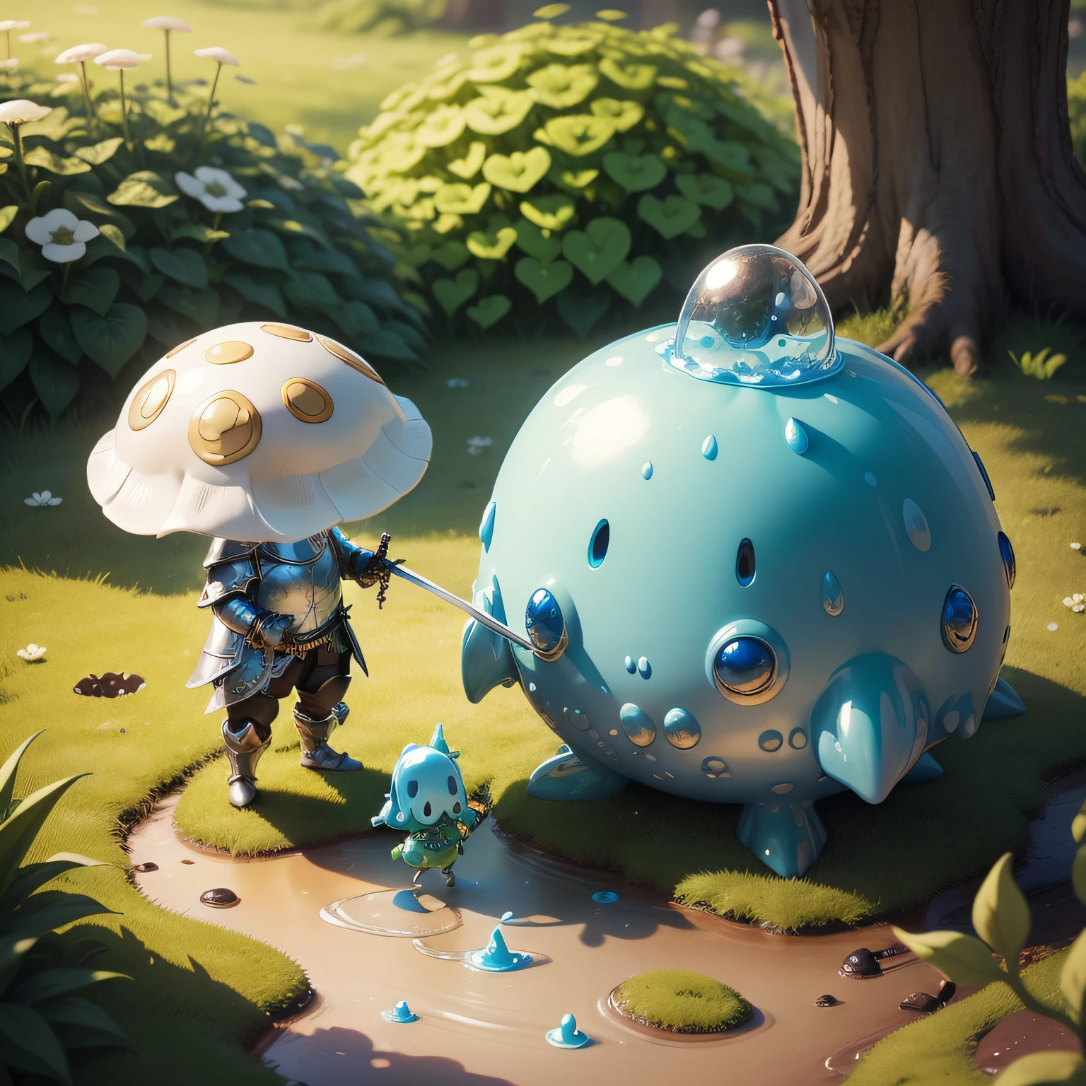 In this delightful image, a valiant knight mushroom clad in armor and wielding a tiny sword fearlessly battles a gooey and adorable slime monster. The knight's determined expression and the slime's playful demeanor create a whimsical and heartwarming scene, blending fantasy and charm in a delightful display of bravery against an unexpected opponent.