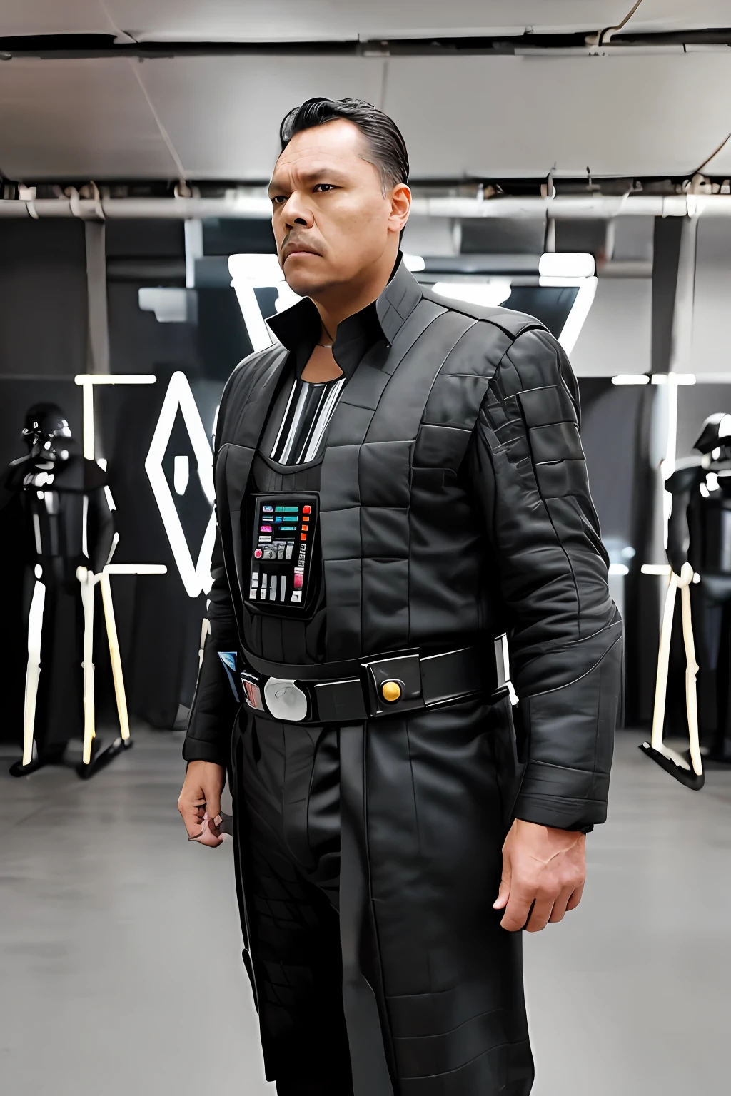 guttonervision8, Create a hyper-realistic portrait of a man dressed in the iconic outfit of Darth Vader from Star Wars, with extraordinary attention to detail in his hair, skin, and bright brown eyes. He will be depicted without his helmet, showcasing the intensity of his facial features. The artwork will also feature an incredibly realistic and immersive Star Wars scene, including the Millennium Falcon, X-Wing, and TIE Fighter.
In this remarkable artwork, the man's features will be depicted with unmatched precision and intricacy. His hair, whether slicked back or falling in disarray, will be rendered in hyper-realistic fashion, capturing the essence of Darth Vader's appearance.
The quality of the illustration will be of extreme excellence, allowing the viewer to observe every minute detail of the man's skin texture. The scars and imperfections on his face, along with the intensity in his eyes, will be meticulously portrayed, enhancing the realism of his portrayal.
His captivating brown eyes will reflect the power and darkness within, conveying the essence of Darth Vader's character.
He will be dressed in the iconic black suit and cape of Darth Vader, with each element rendered in realistic fashion, giving him an imposing and formidable presence.
The background will transport the viewer to an immersive Star Wars scene, featuring the iconic Millennium Falcon, X-Wing, and TIE Fighter, adding depth and context to the portrait.
The final artwork will be an 8K UHD masterpiece, showcasing the extraordinary level of hyperrealism and fotorrealism in the portrayal of this imposing figure from the Star Wars universe. Viewers will be awestruck by the stunning level of detail and authenticity, as if they are witnessing Darth Vader himself come to life in a modern masterpiece.