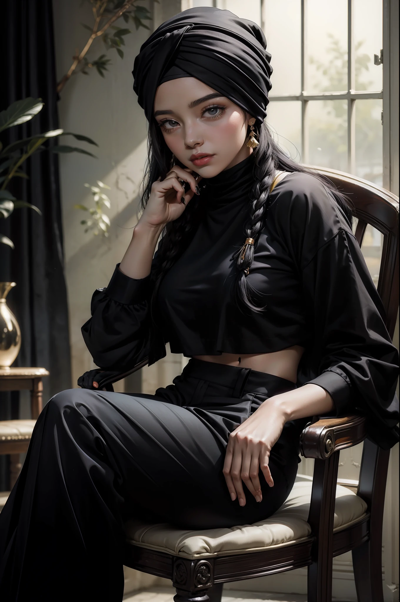 (ultra realistic, masterpiece) A young woman ((wearing a turban headband)) with flowing (black hair) sits in a chair wearing ((black pants))