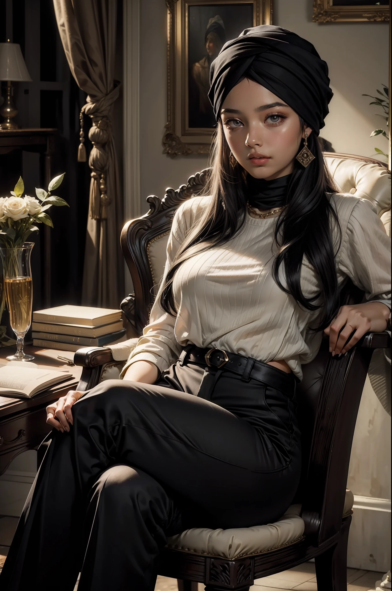 (ultra realistic, masterpiece) A young woman ((wearing a turban headband)) with flowing (black hair) sits in a chair wearing ((black pants))