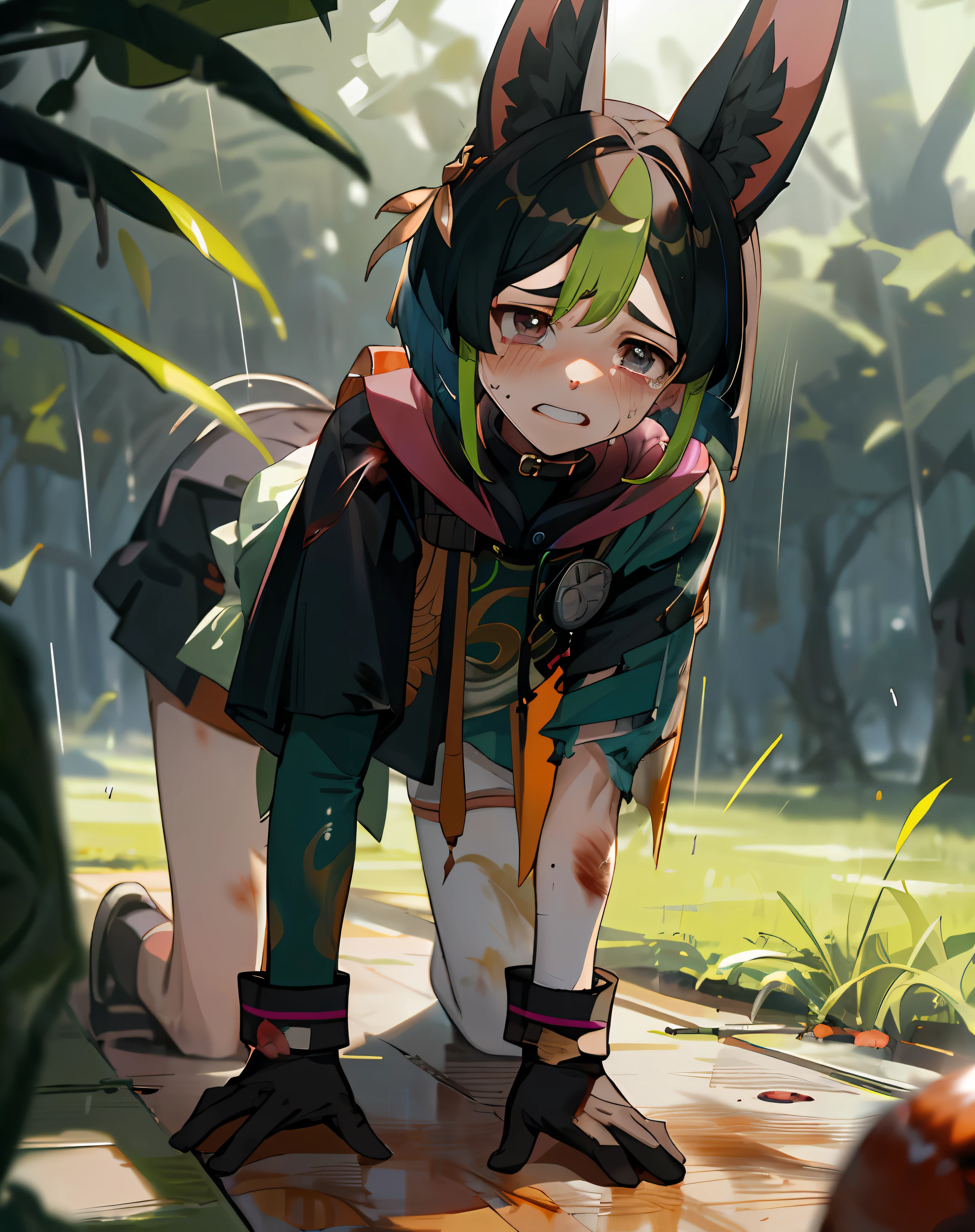 4K, realistic, high resolution, masterpiece: 1.2), ((movie brightness)(blurry foreground:1.1), [1girl|(Tinai\(genshin impact\):1.1),  Impact(crossdressing:1.21)|[in the rain:(jungle:1.1):0]],(bruised eye:1.5)(Massive hemorrhage:1.2)(Horrible wounds:1.2)(vomit:1.3)(head down:1.2)(crying:1.2) [short hair|(bowl cut:1.1)|hair between eyes|(fox ears:1.1)], [half gloves|(all fours:1.331)|(animal collar:1.1)