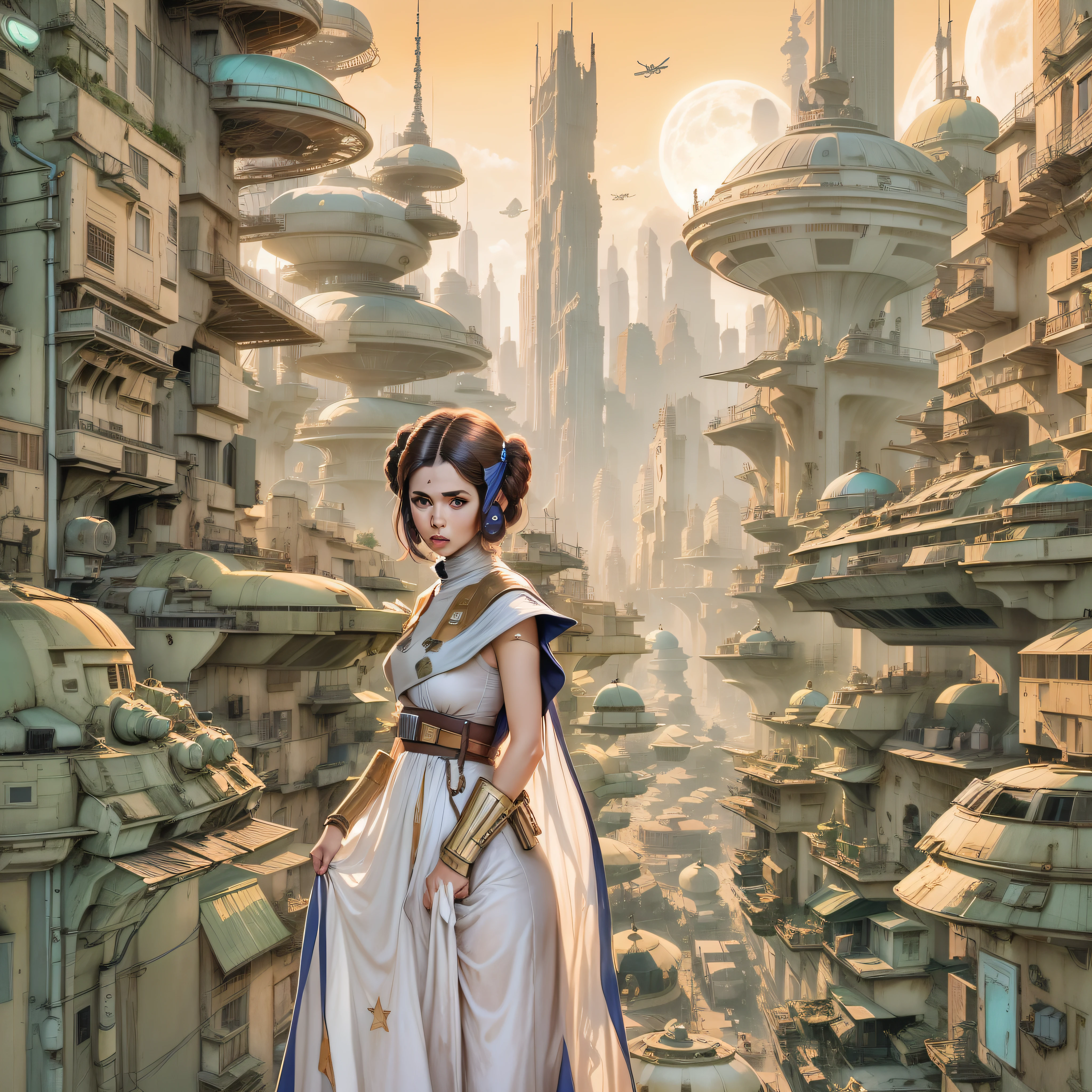 en estilo comic, la princesa leia y su escolta imperial, pasean por las calles de la ciudas de coruscant, con inmensos edificios tecnologicos, y sus naves voladoras,con todo el ambiente y estilo star wars.