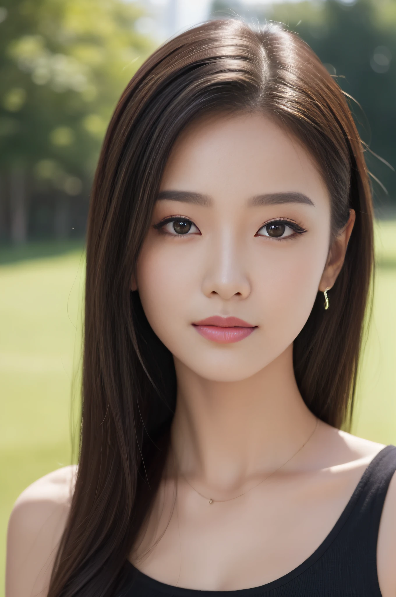 ((best qualtiy、8k masterpieces:1.3))、foco nítido:1.2、(ultra beautiful faces:1.0)、(shinny skin:1.0)、photos realistic、A dark-haired、Video Lighting、High-definition eyes and face、Video Lighting、(Korean Cute Actress)、from the front side、medium large breasts、ssmile、Sleeveless、Slender Abs Beauty、Wearing a tar-neck knitted shirt