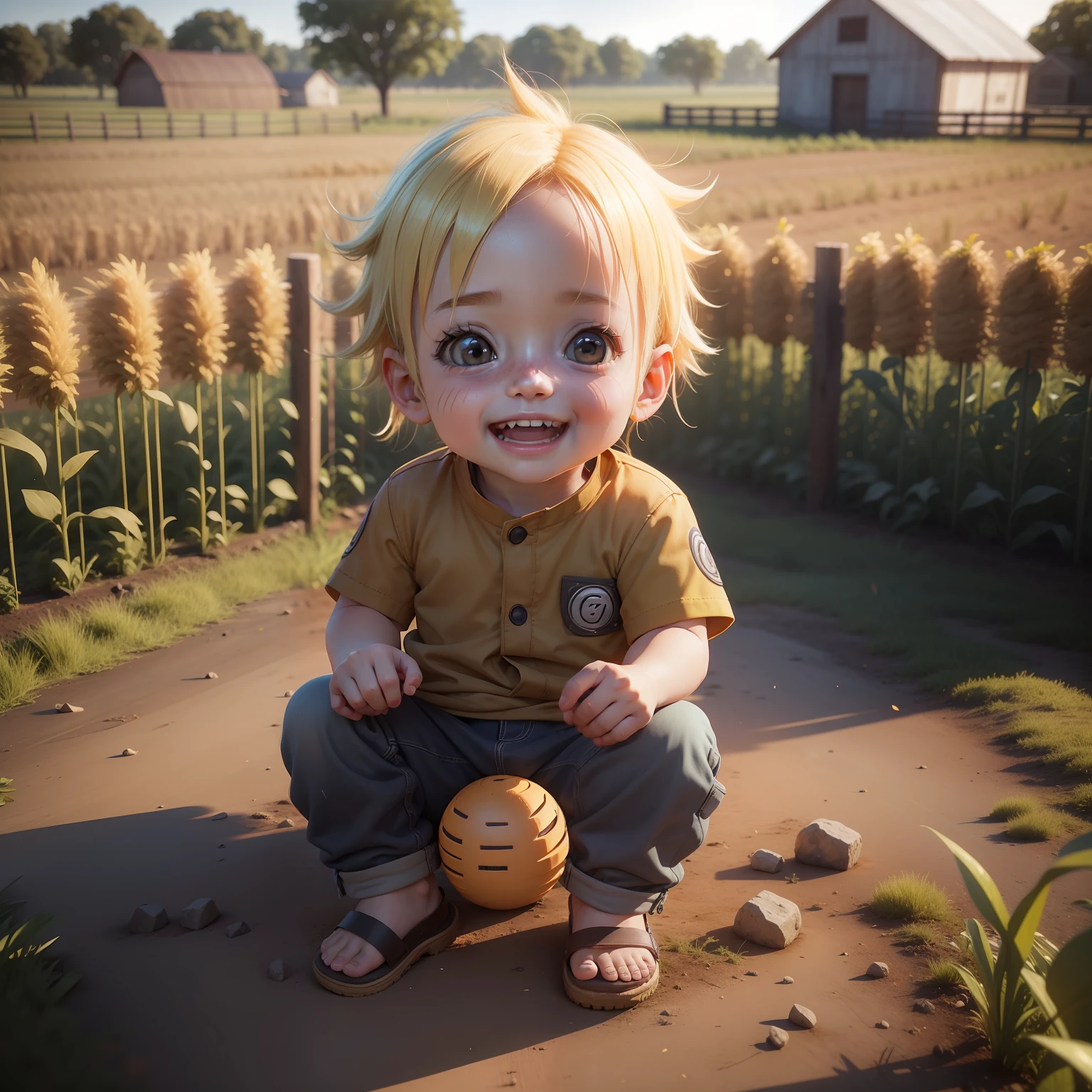  Naruto smiling and very happy abandoned on a farm,....3d,4D,Ultra realista, Uplighting,sombria mentos,detalhes na pele