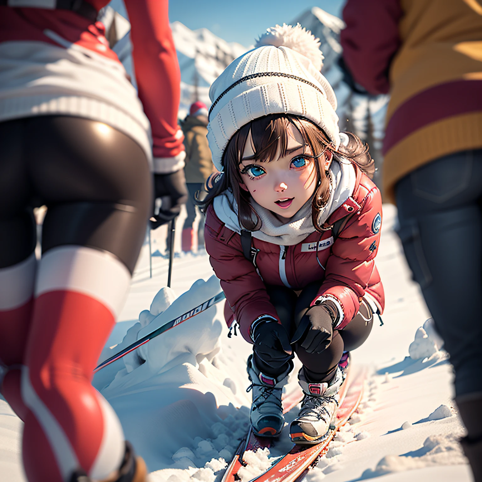 (masterpiece, best quality, beautiful anime art:1.4), beautiful anime_girl, (perfect face:1.8), (beautiful eyes:1.7), skiing_resort, full_body_shot, uncommon_attire, legwear, uncommon_background, sports, headwear, snowy_landscape, winter_vibes, scenic_view, bustling_activity, ski_lift, snow_capped_mountains, cozy_alpine_chalets, vibrant_slopes, winter_sun, snowflake_embellishments, stylish_outfit, vintage_meets_modern, whimsical_details, energetic_crowd, snowy_adventures, outdoor_recreation, dynamic_pose, elegant_movement, winter_sports_enthusiasts, action-packed_scene, thrilling_experiences, snow_fun, fashionable_choice, natural light, (sharp focus:1.6), highly detailed, ultra realistic, 8k